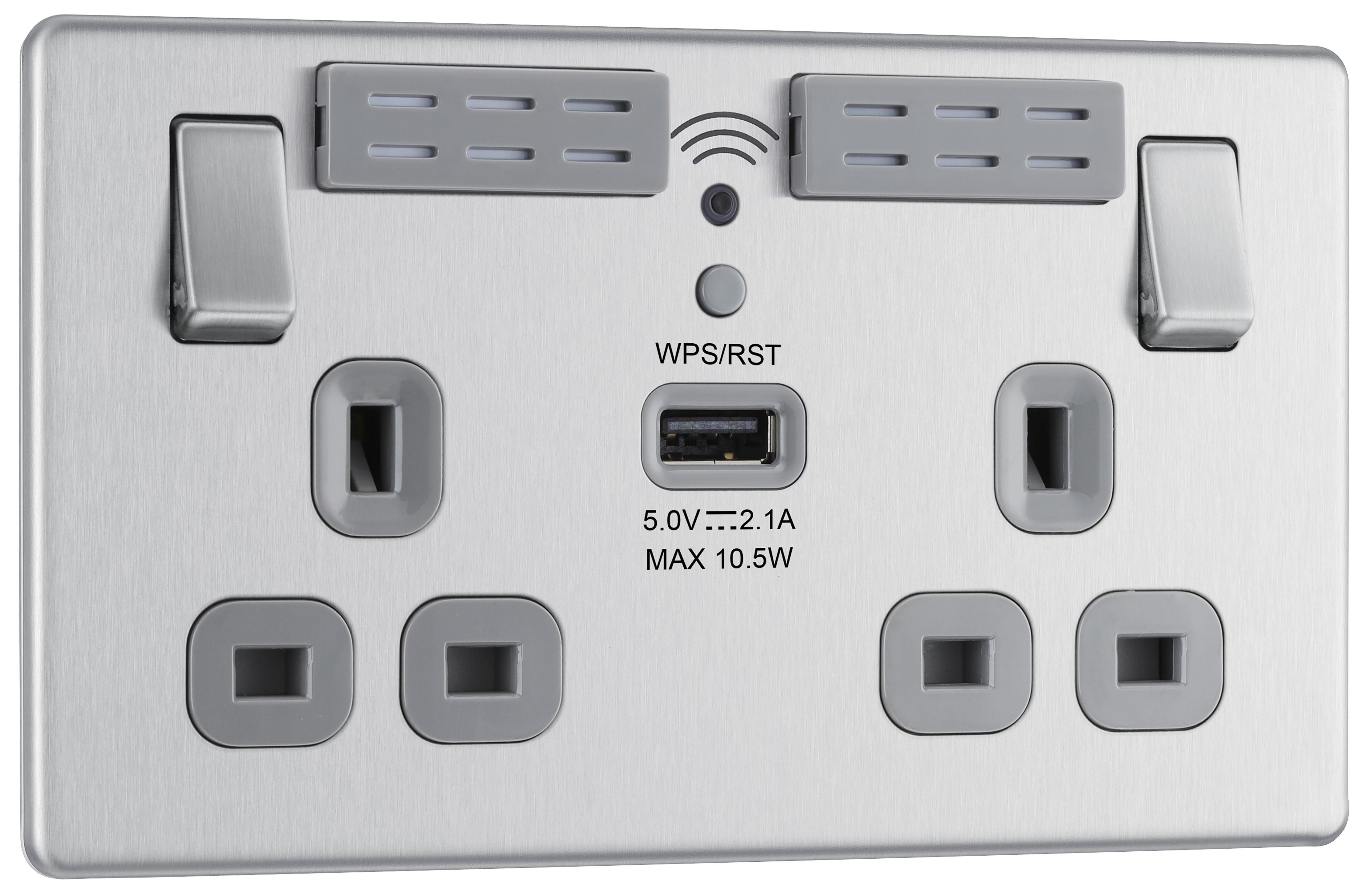GoodHome Brushed Steel 13A Switched Double Screwless WiFi extender socket with USB