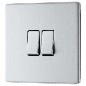 GoodHome Brushed Steel 20A 2 way 2 gang Double light Screwless Switch