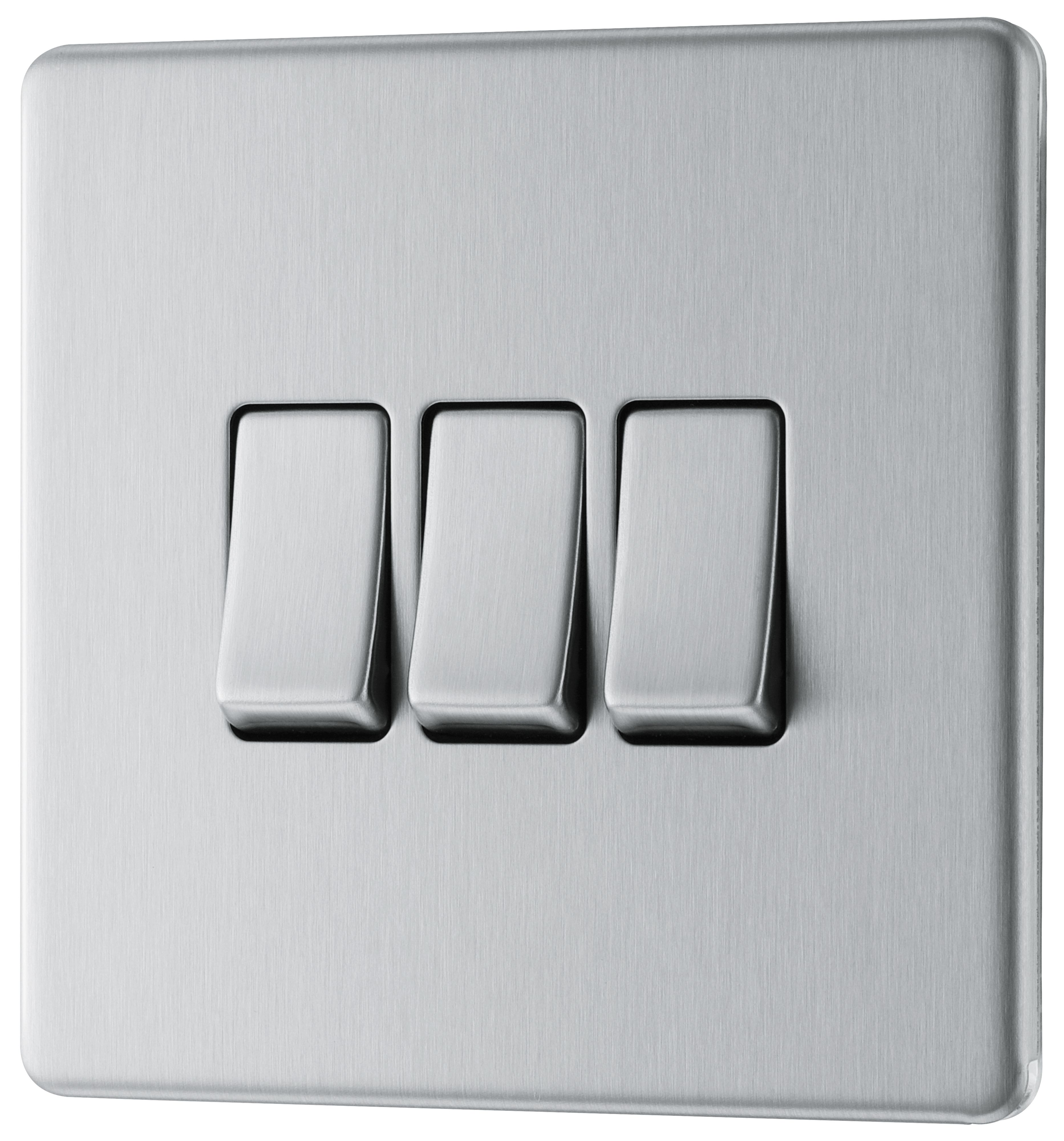 GoodHome Brushed Steel 20A 2 way 3 gang Light Screwless Switch