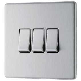 GoodHome Brushed Steel 20A 2 way 3 gang Light Screwless Switch