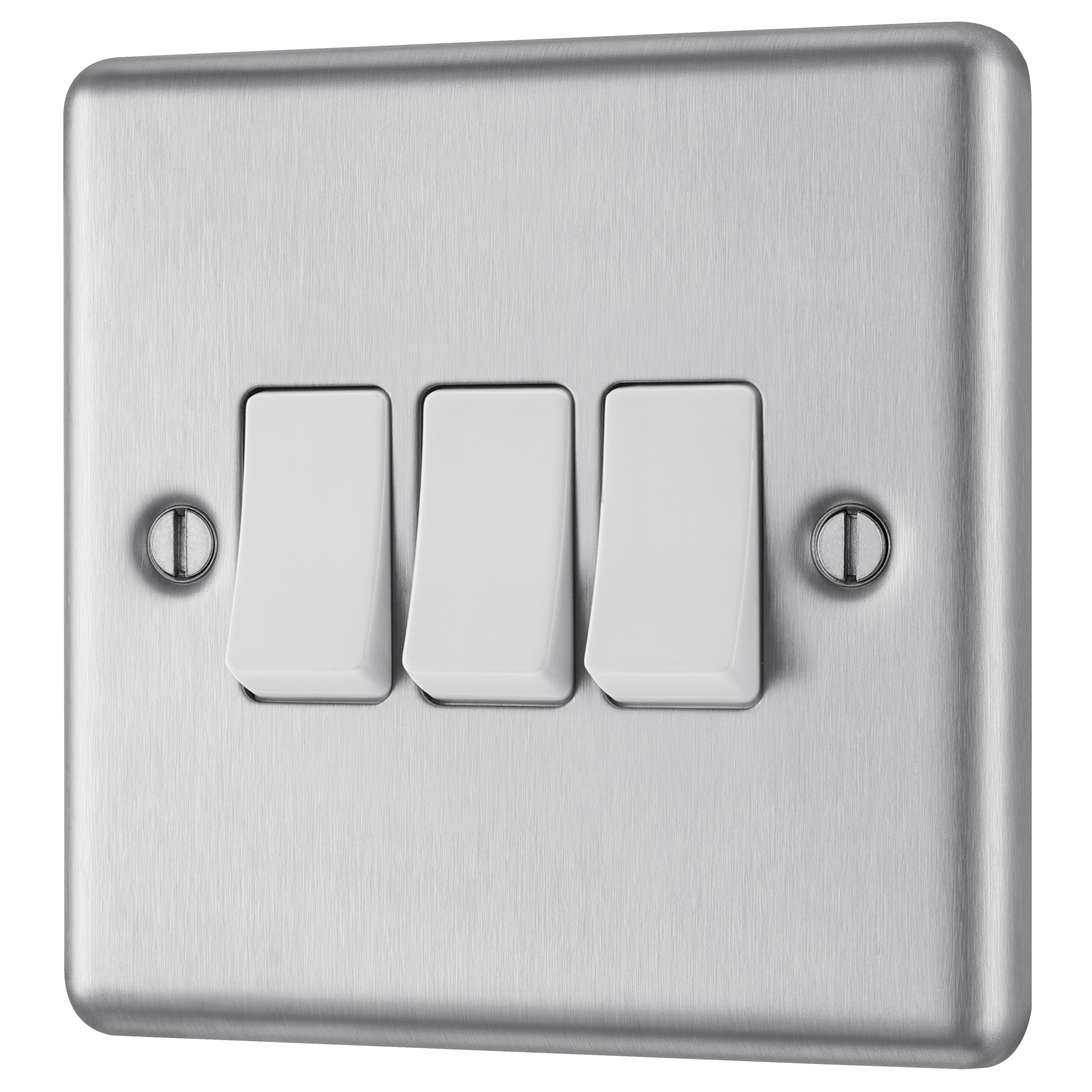 GoodHome Brushed Steel 20A 2 way 3 gang Light Switch