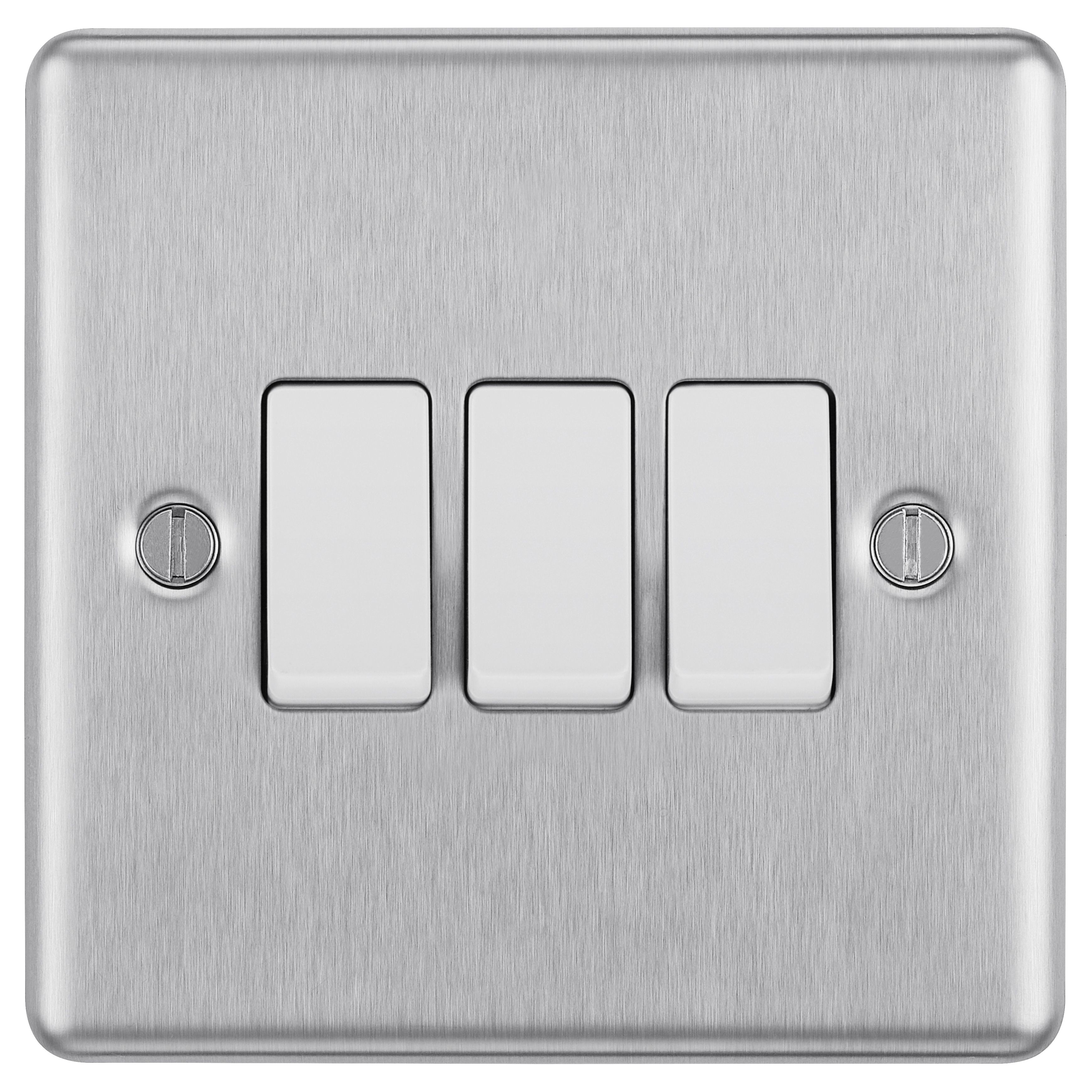 GoodHome Brushed Steel 20A 2 way 3 gang Light Switch