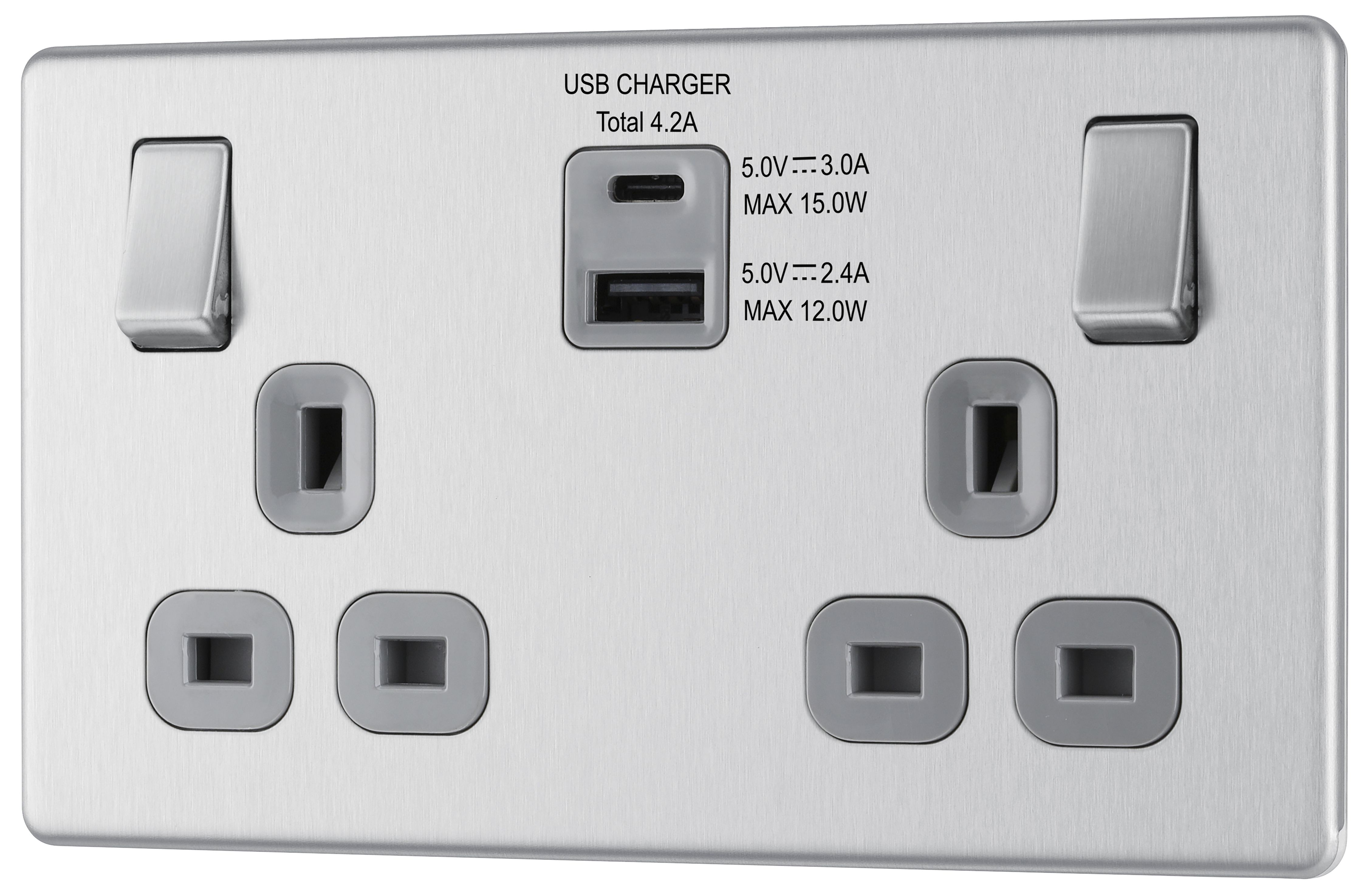 GoodHome Brushed Steel Double 13A Flat Switched Screwless Socket with USB, x2 & Grey inserts