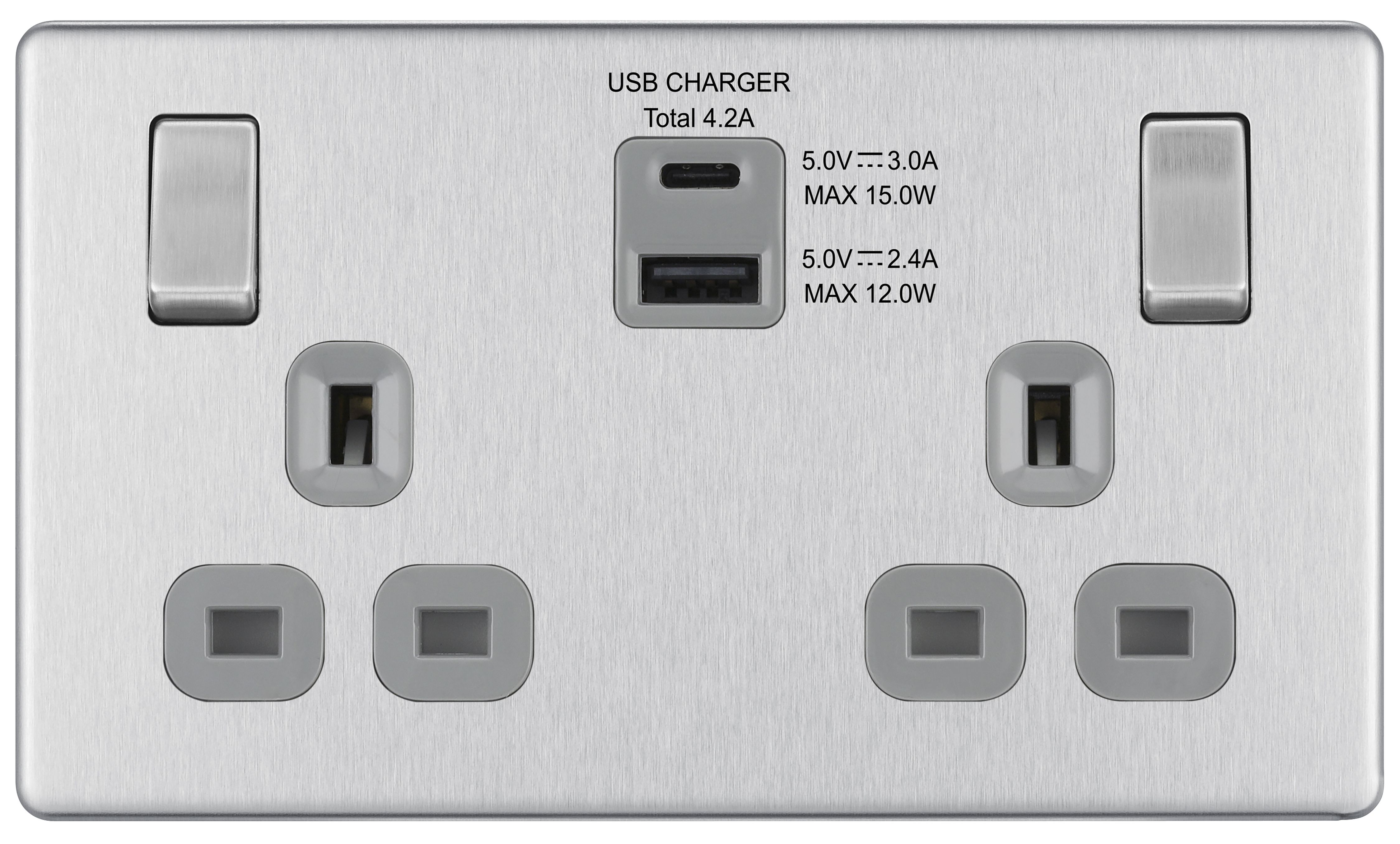 GoodHome Brushed Steel Double 13A Flat Switched Screwless Socket with USB, x2 & Grey inserts
