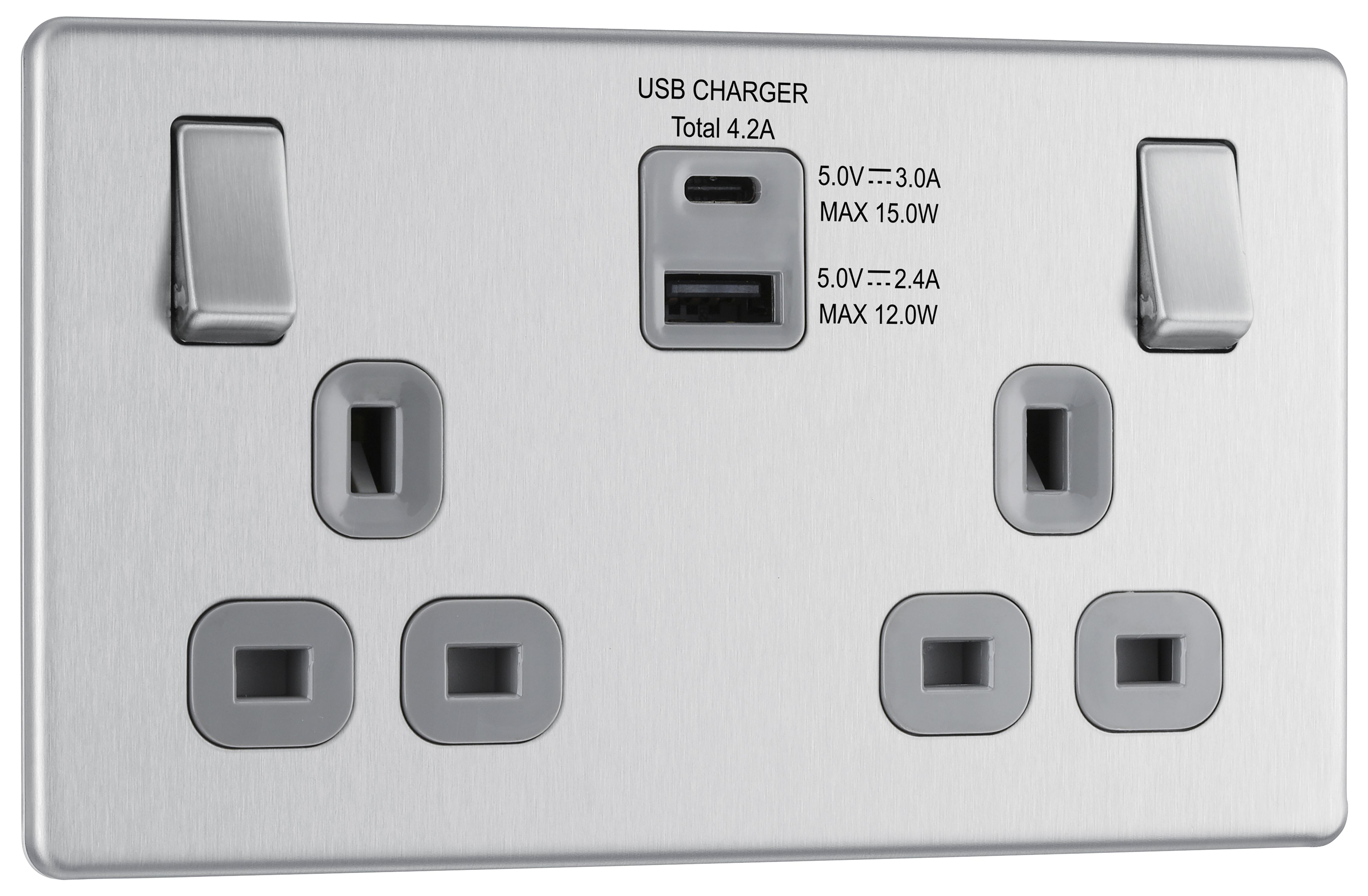 GoodHome Brushed Steel Double 13A Flat Switched Screwless Socket with USB, x2 & Grey inserts