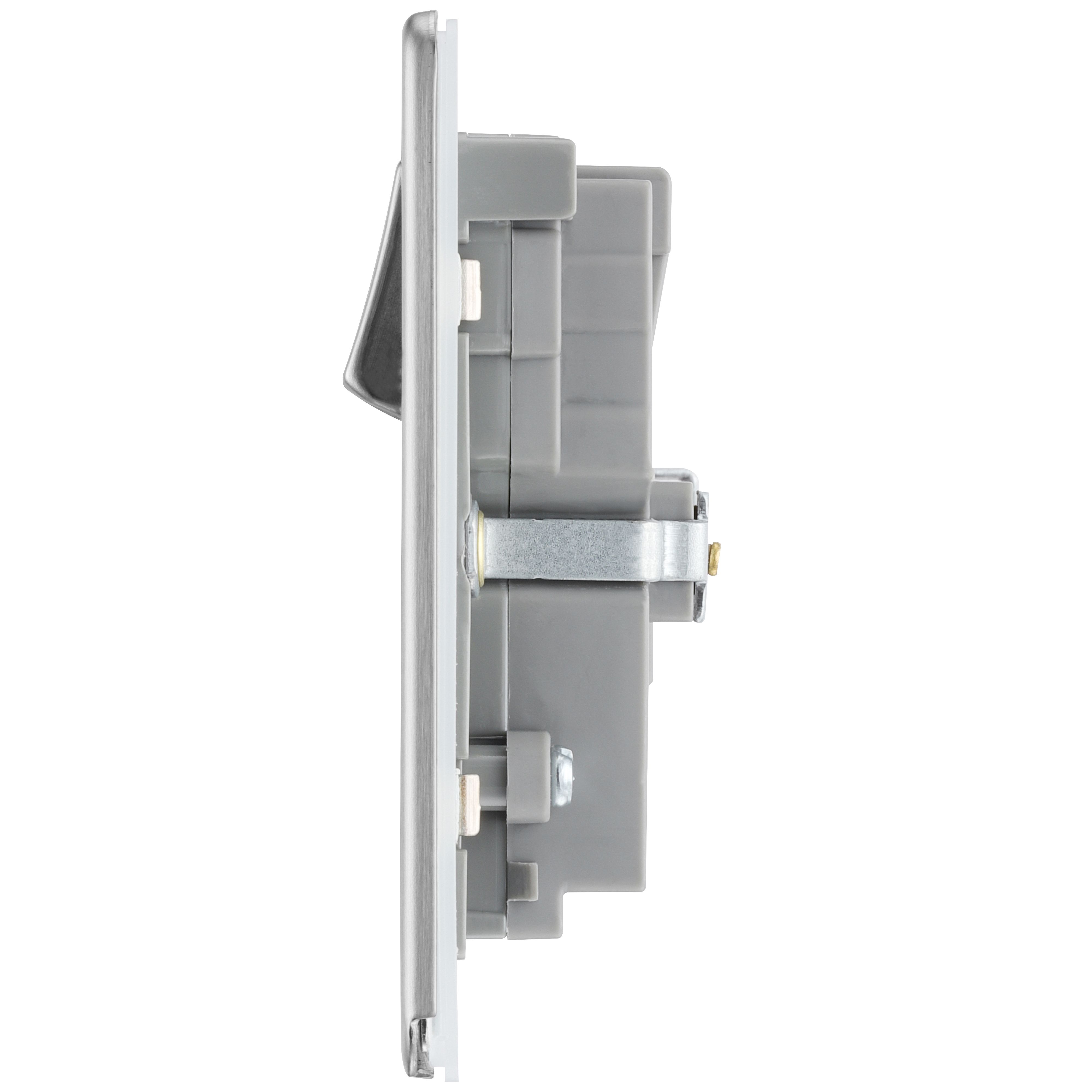 GoodHome Brushed Steel Double 13A Flat Switched Screwless Socket with USB, x2 & Grey inserts