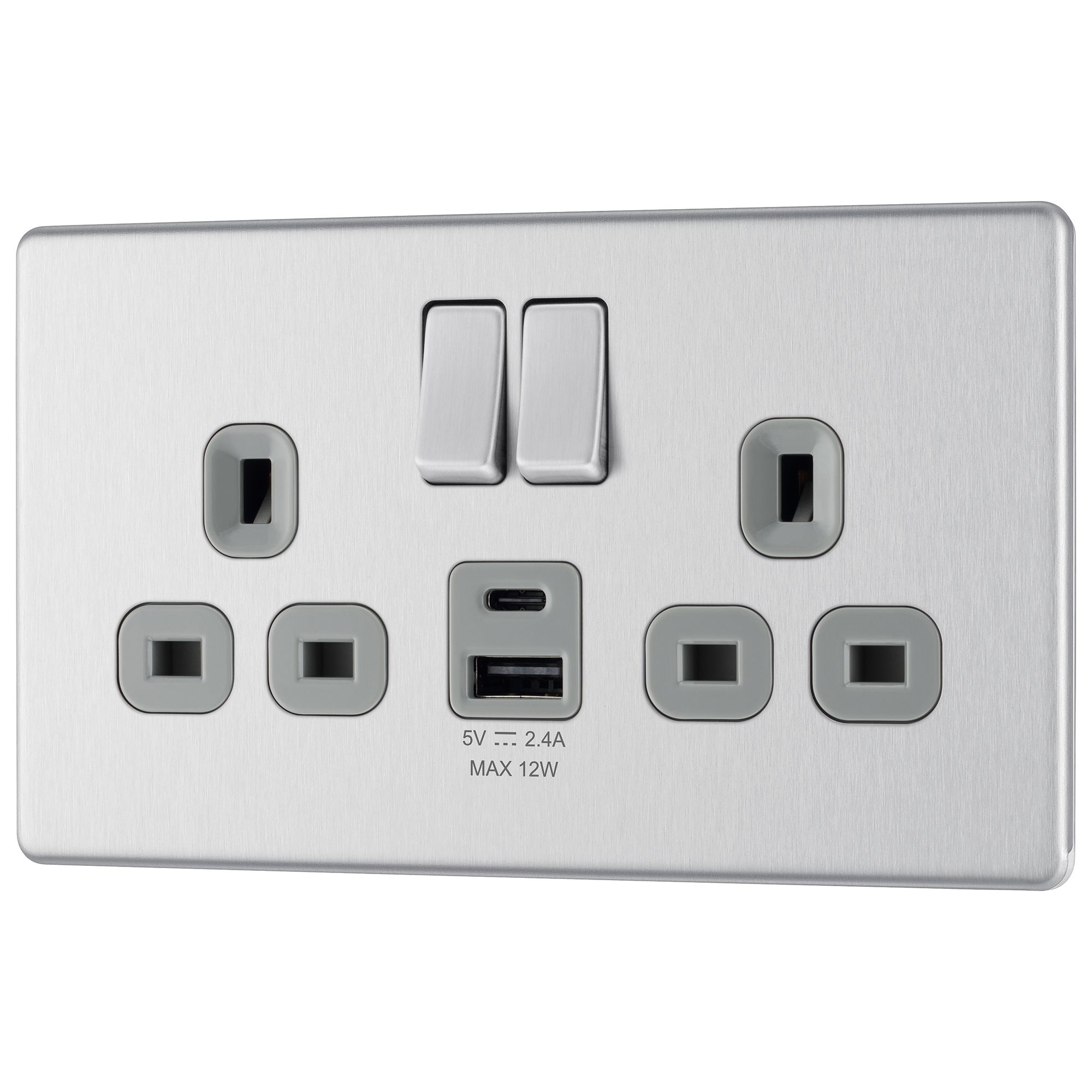 GoodHome Brushed Steel Double 13A Flat Switched Socket with USB, x2 & Grey inserts