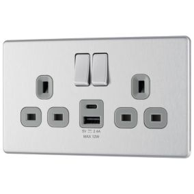 GoodHome Brushed Steel Double 13A Flat Switched Socket with USB, x2 & Grey inserts