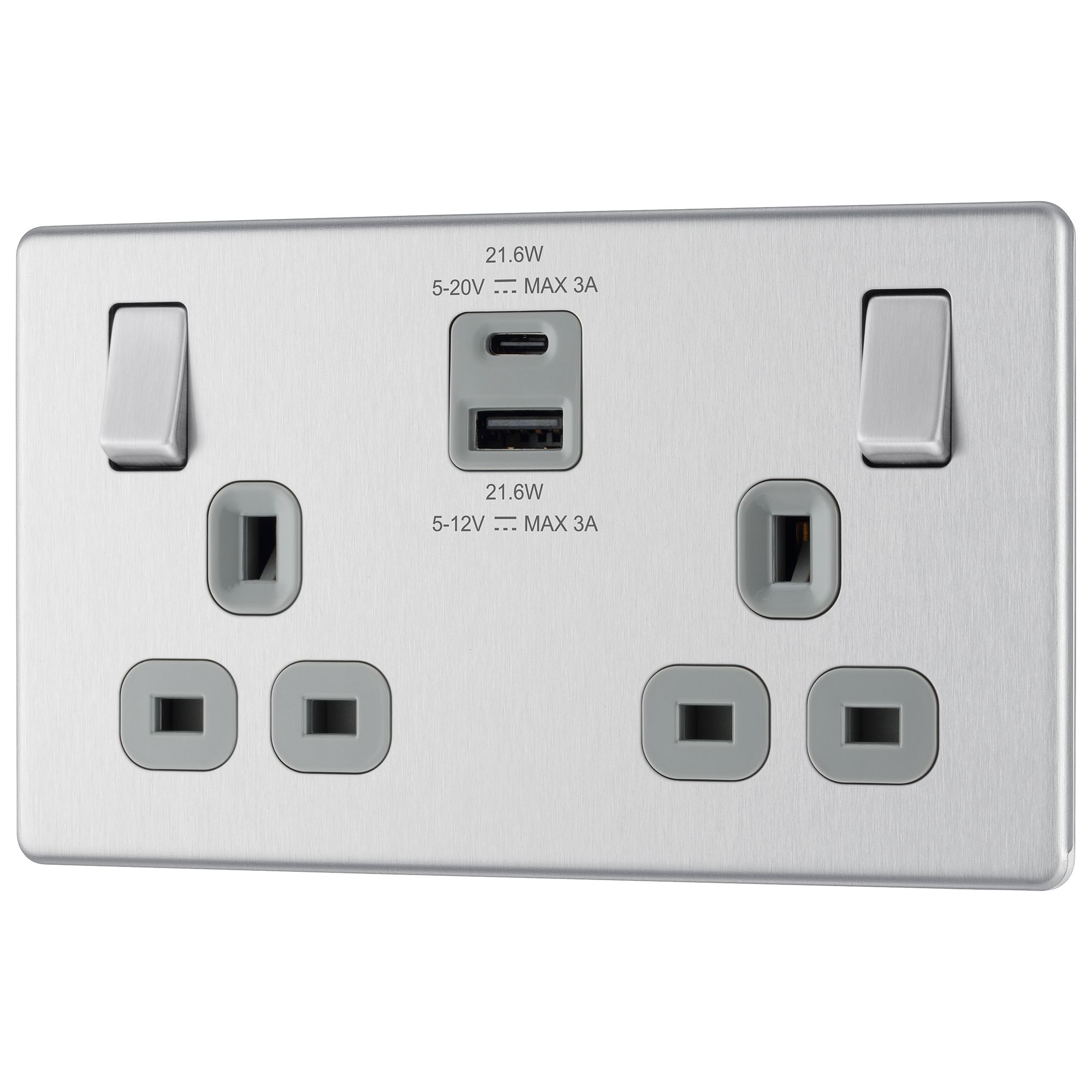 GoodHome Brushed Steel Double 13A Flat Switched Socket with USB, x2 & Grey inserts