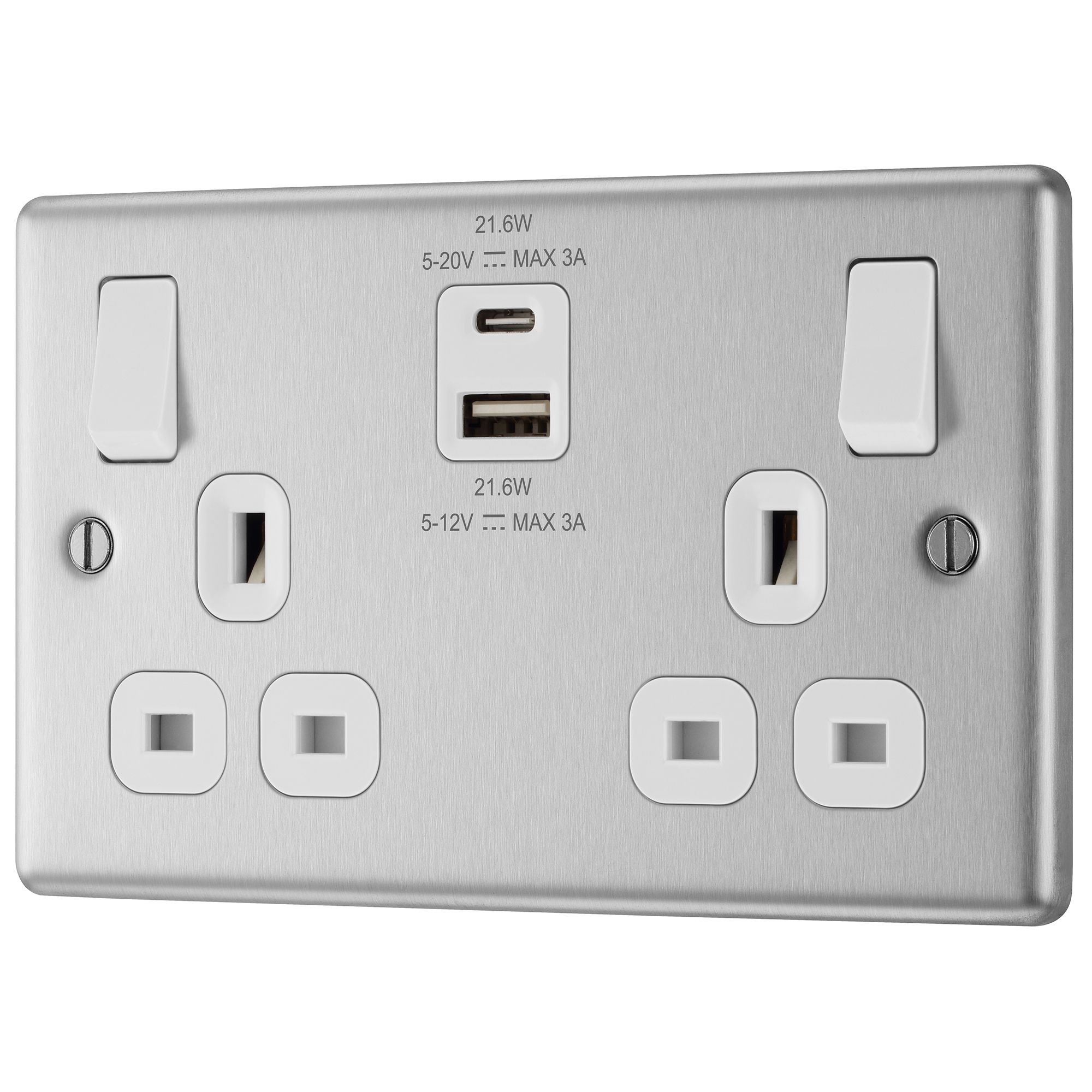 GoodHome Brushed Steel Double 13A Raised rounded Switched Screwed Socket with USB, 13 x2 & White inserts