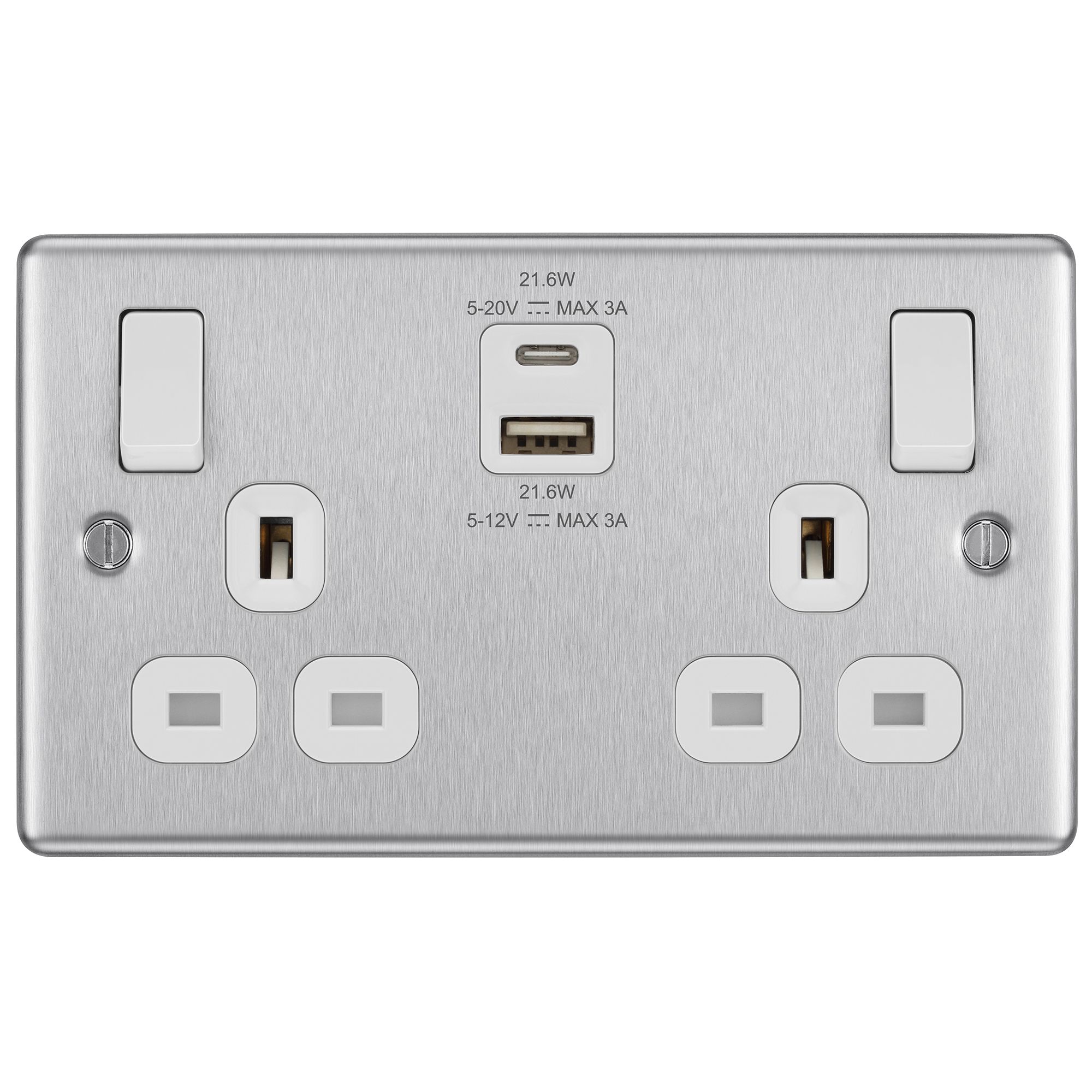 GoodHome Brushed Steel Double 13A Raised rounded Switched Screwed Socket with USB, 13 x2 & White inserts