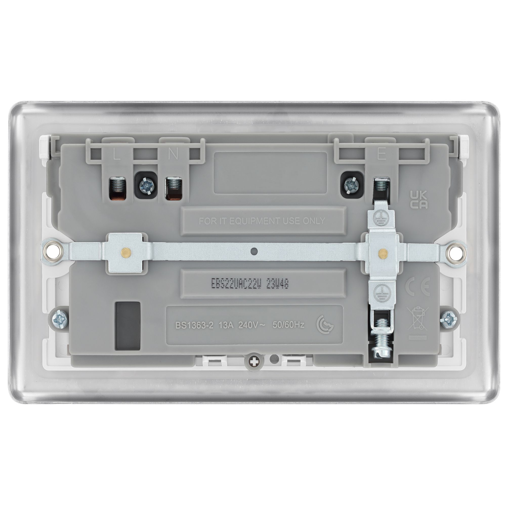 GoodHome Brushed Steel Double 13A Raised rounded Switched Screwed Socket with USB, 13 x2 & White inserts