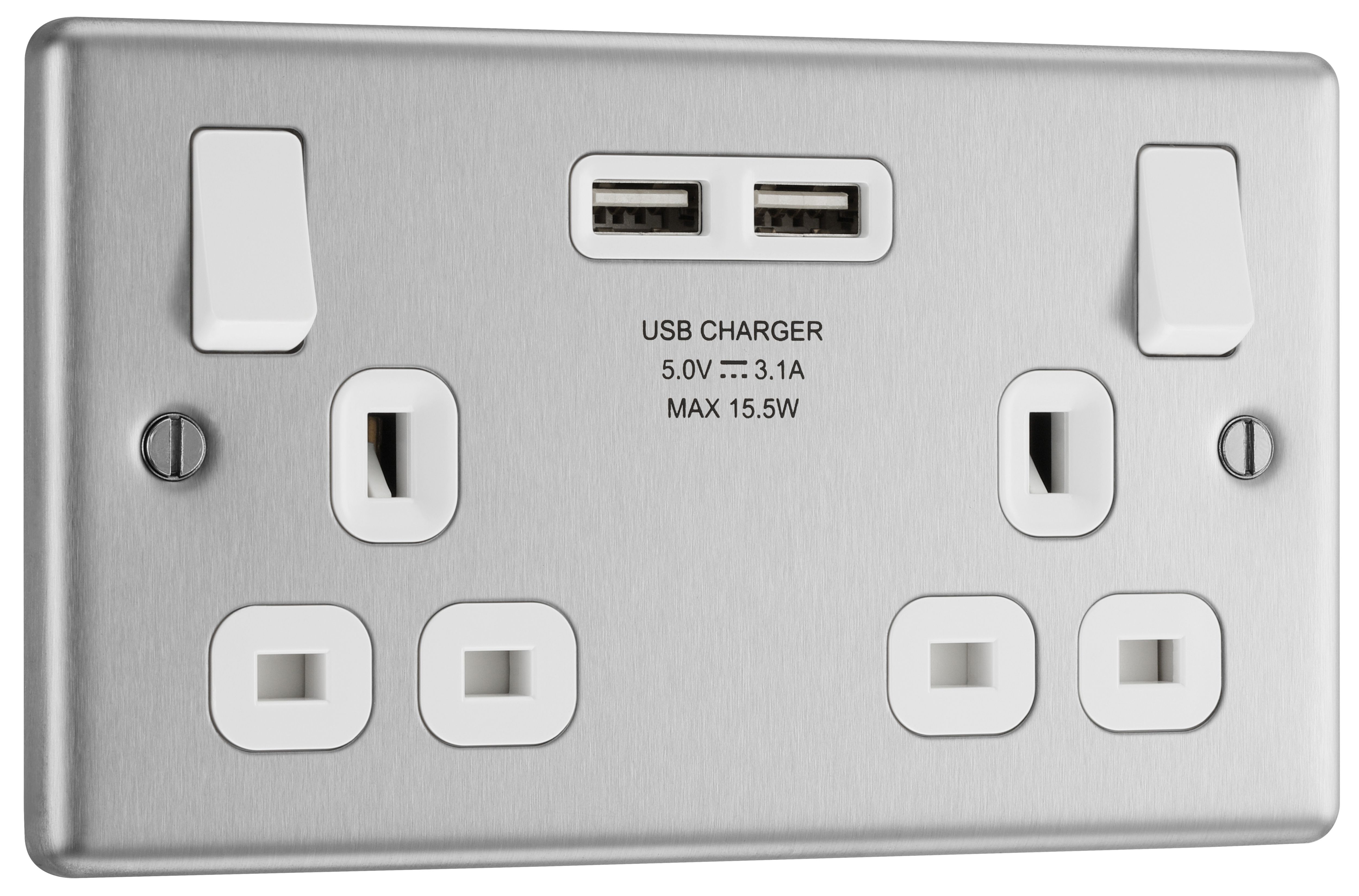 GoodHome Brushed Steel Double 13A Raised rounded Switched Screwed Socket with USB, x2 & White inserts