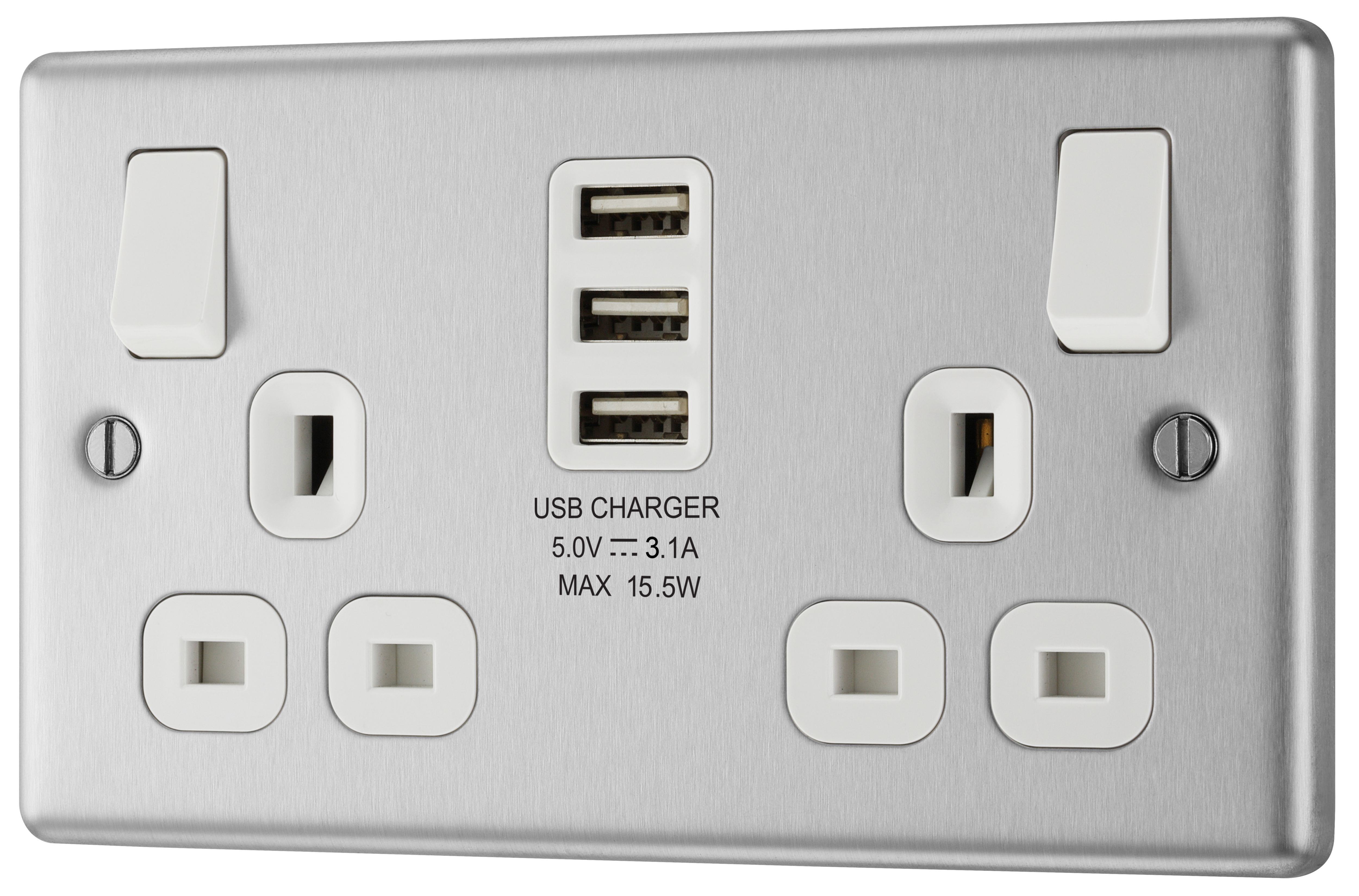 GoodHome Brushed Steel Double 13A Raised rounded Switched Screwed Socket with USB, x3 & White inserts