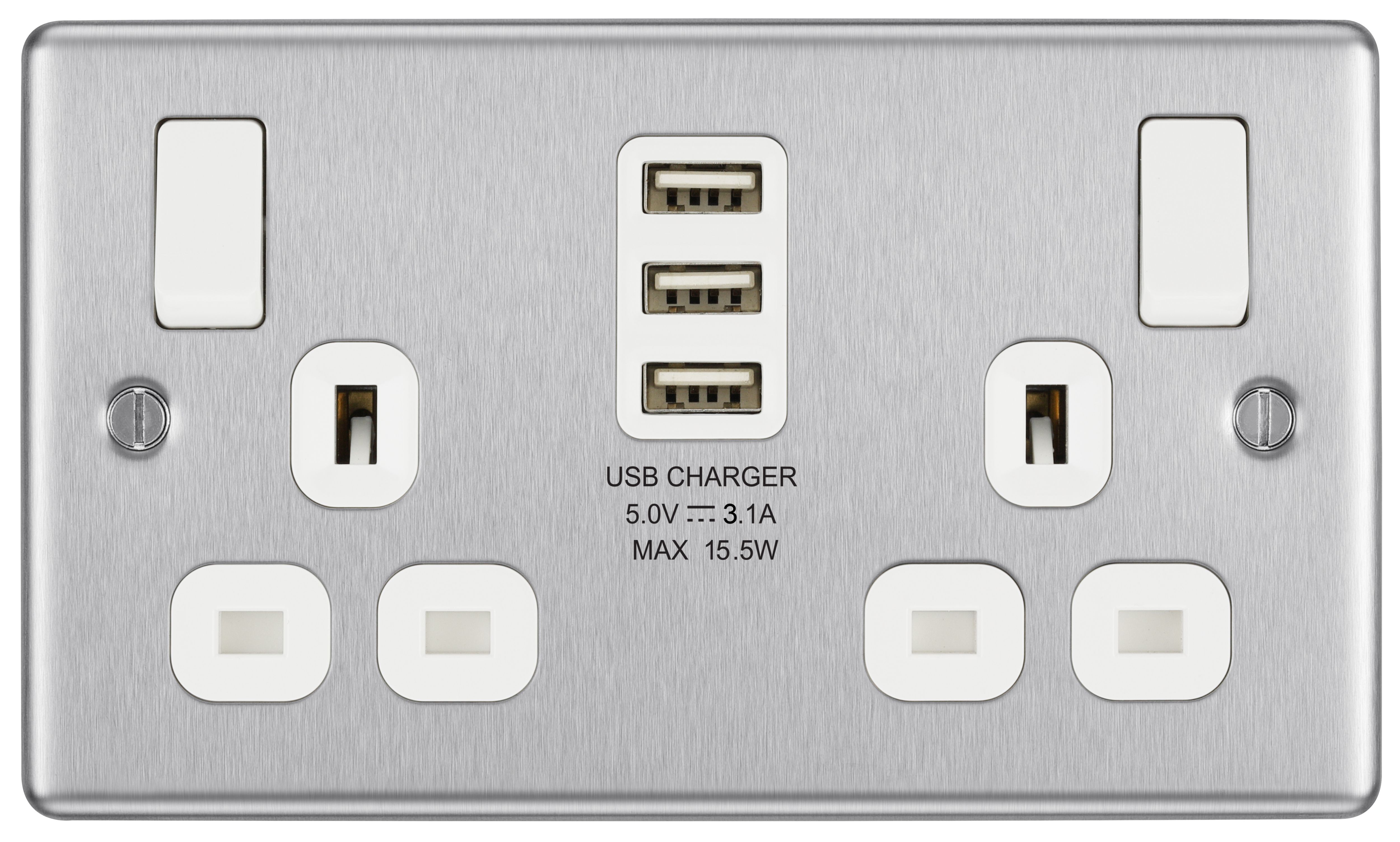 GoodHome Brushed Steel Double 13A Raised rounded Switched Screwed Socket with USB, x3 & White inserts