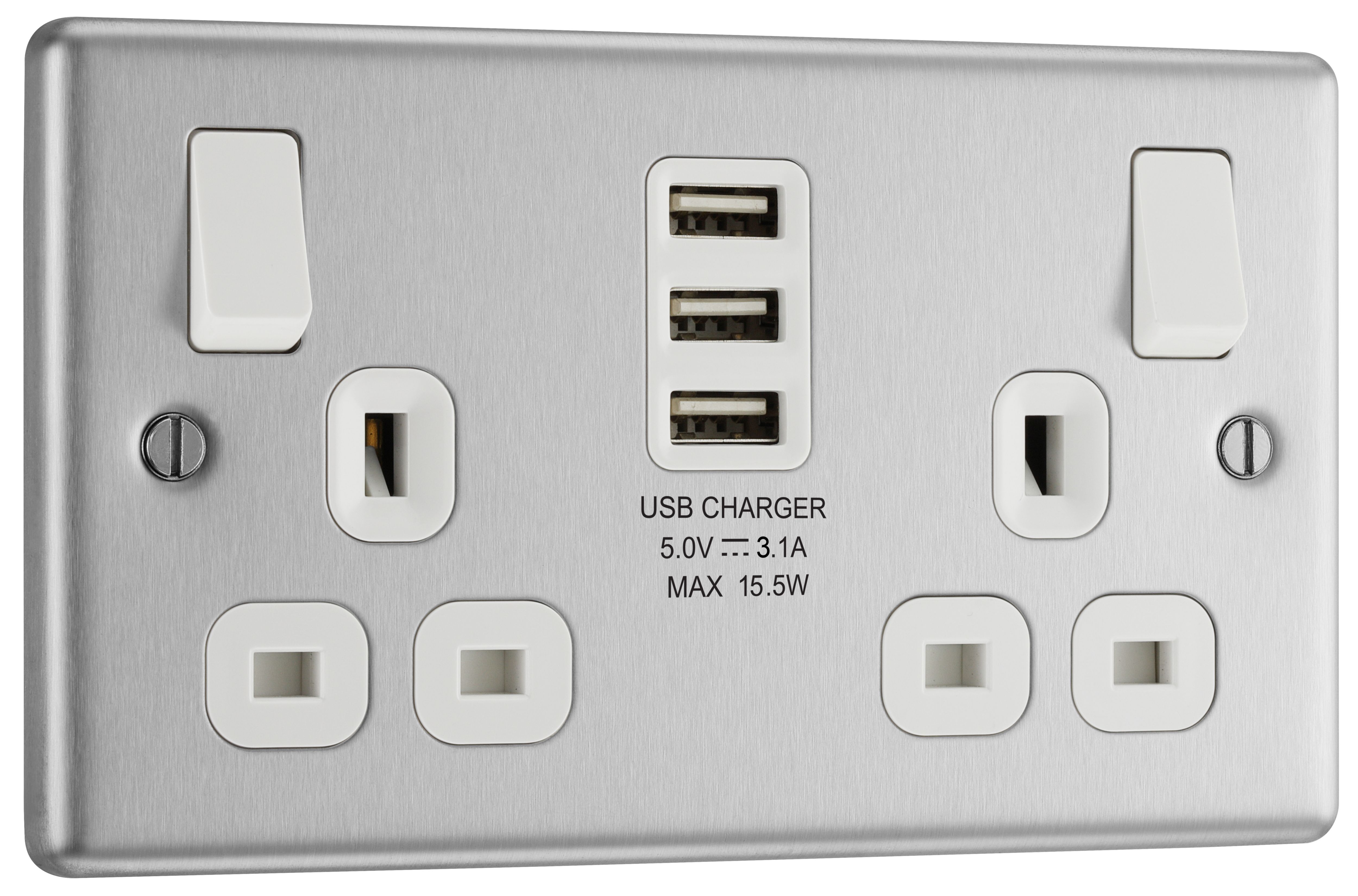 GoodHome Brushed Steel Double 13A Raised rounded Switched Screwed Socket with USB, x3 & White inserts