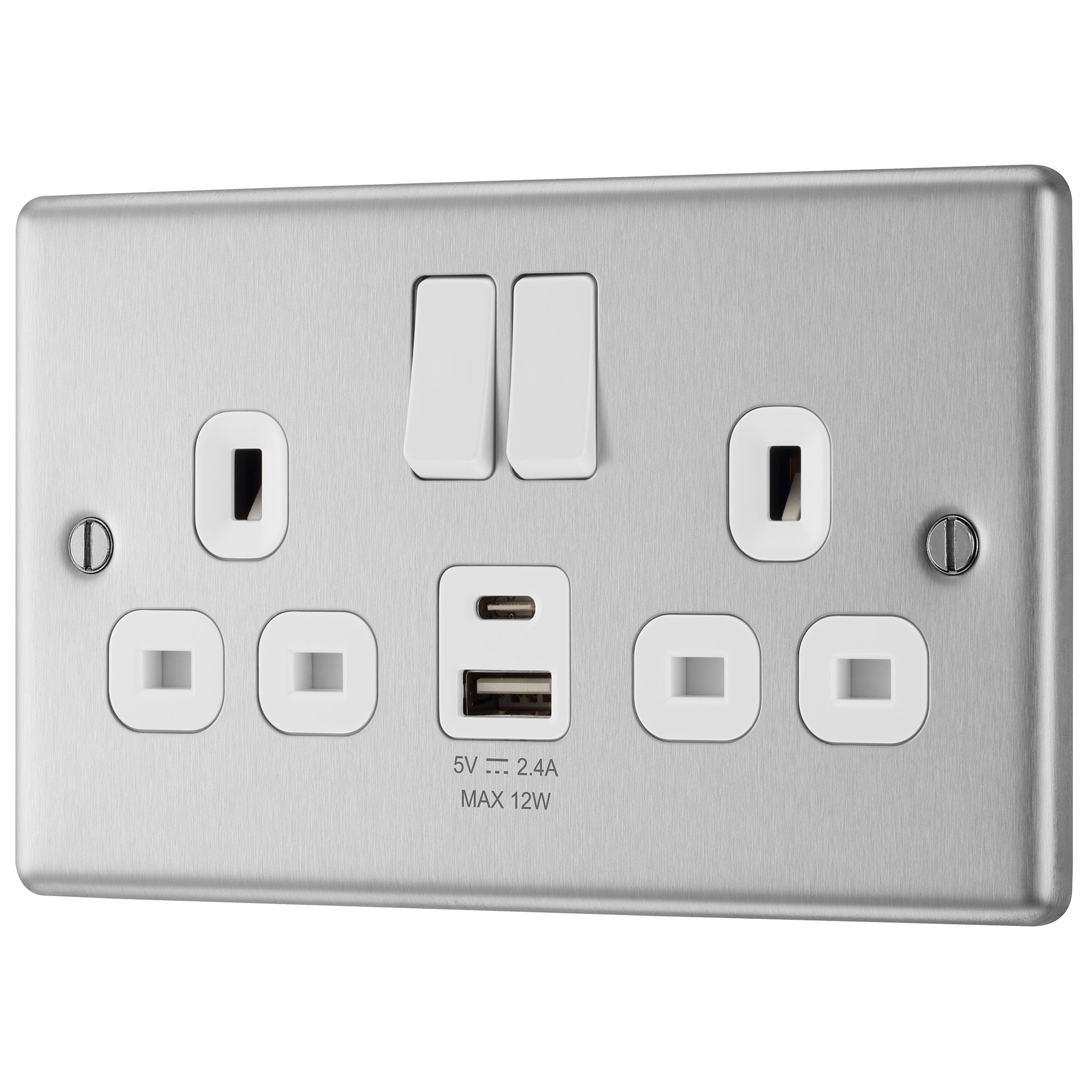 GoodHome Brushed Steel Double 13A Raised rounded Switched Socket with USB, x2 & White inserts