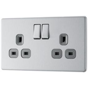 GoodHome Brushed Steel Double 13A Screwless Switched Socket with Grey inserts