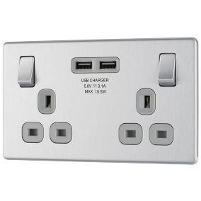 GoodHome Brushed Steel Double 13A Screwless Switched Socket with USB x2 3.1A & Grey inserts