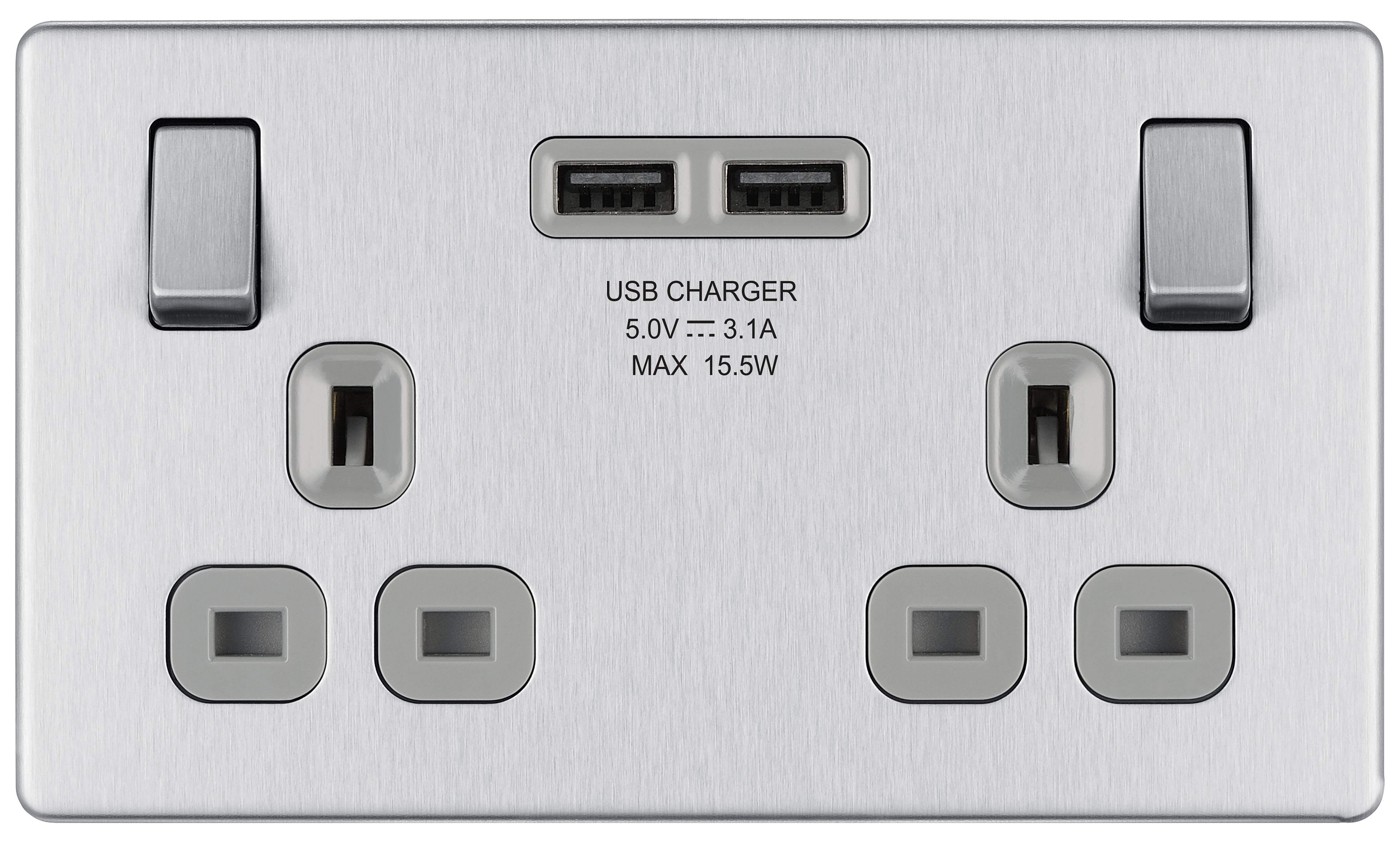 GoodHome Brushed Steel Double 13A Screwless Switched Socket with USB x2 3.1A & Grey inserts