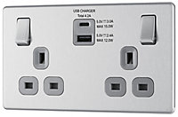 GoodHome Brushed Steel Double 13A Screwless Switched Socket with USB x2 4.2A & Grey inserts