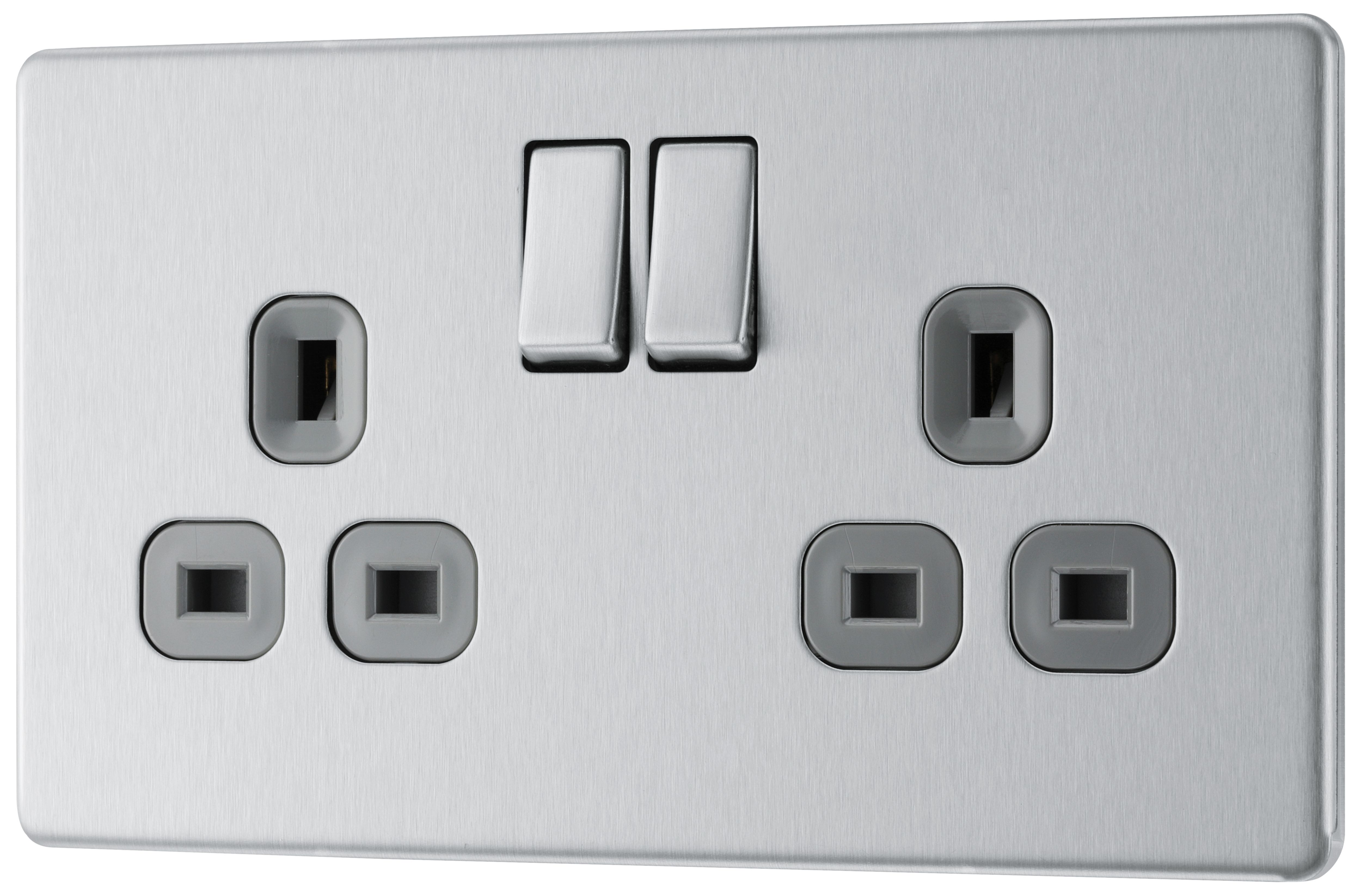GoodHome Brushed Steel Double 13A Socket & Grey inserts, Pack of 5