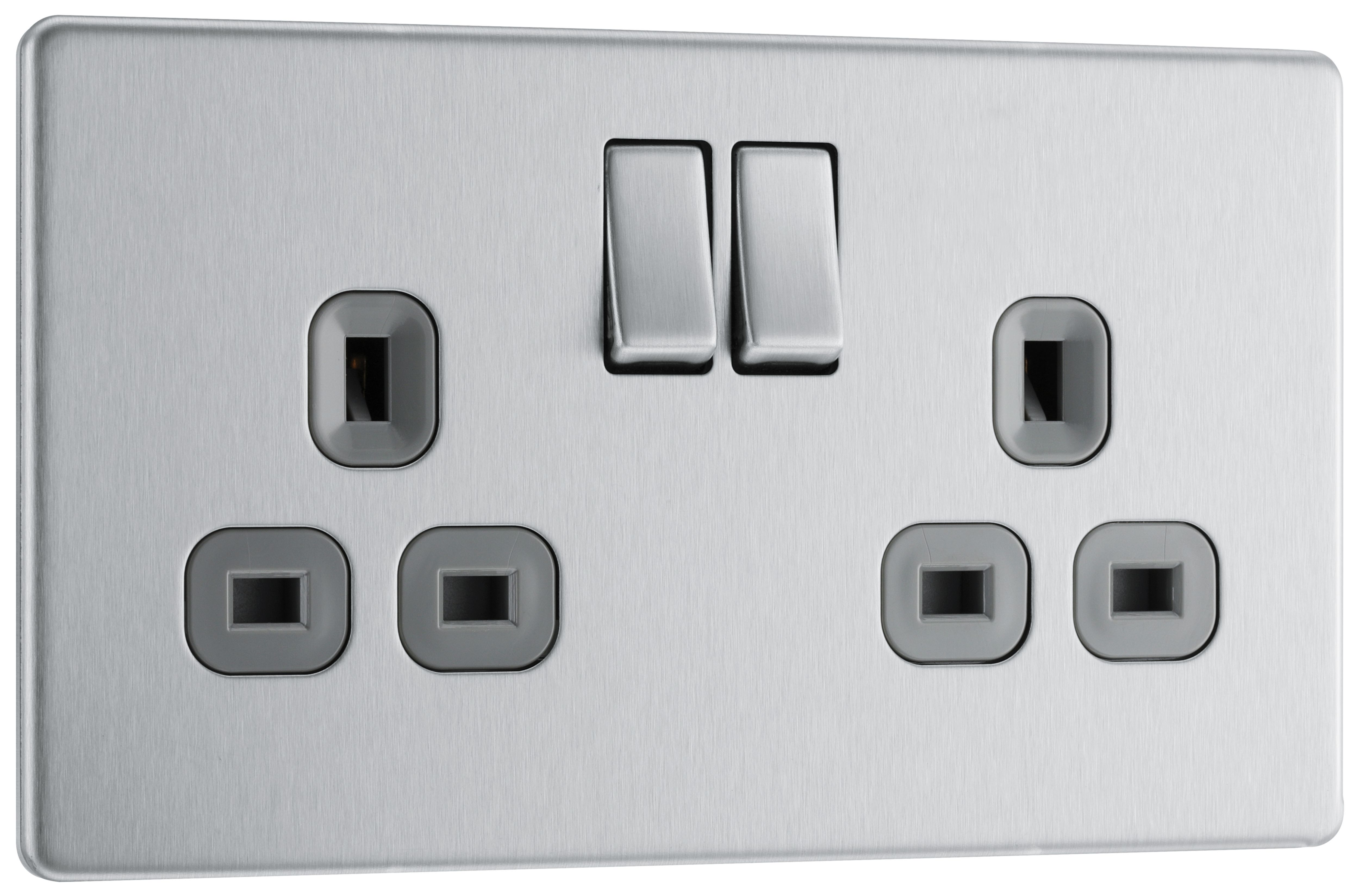 GoodHome Brushed Steel Double 13A Socket & Grey inserts, Pack of 5
