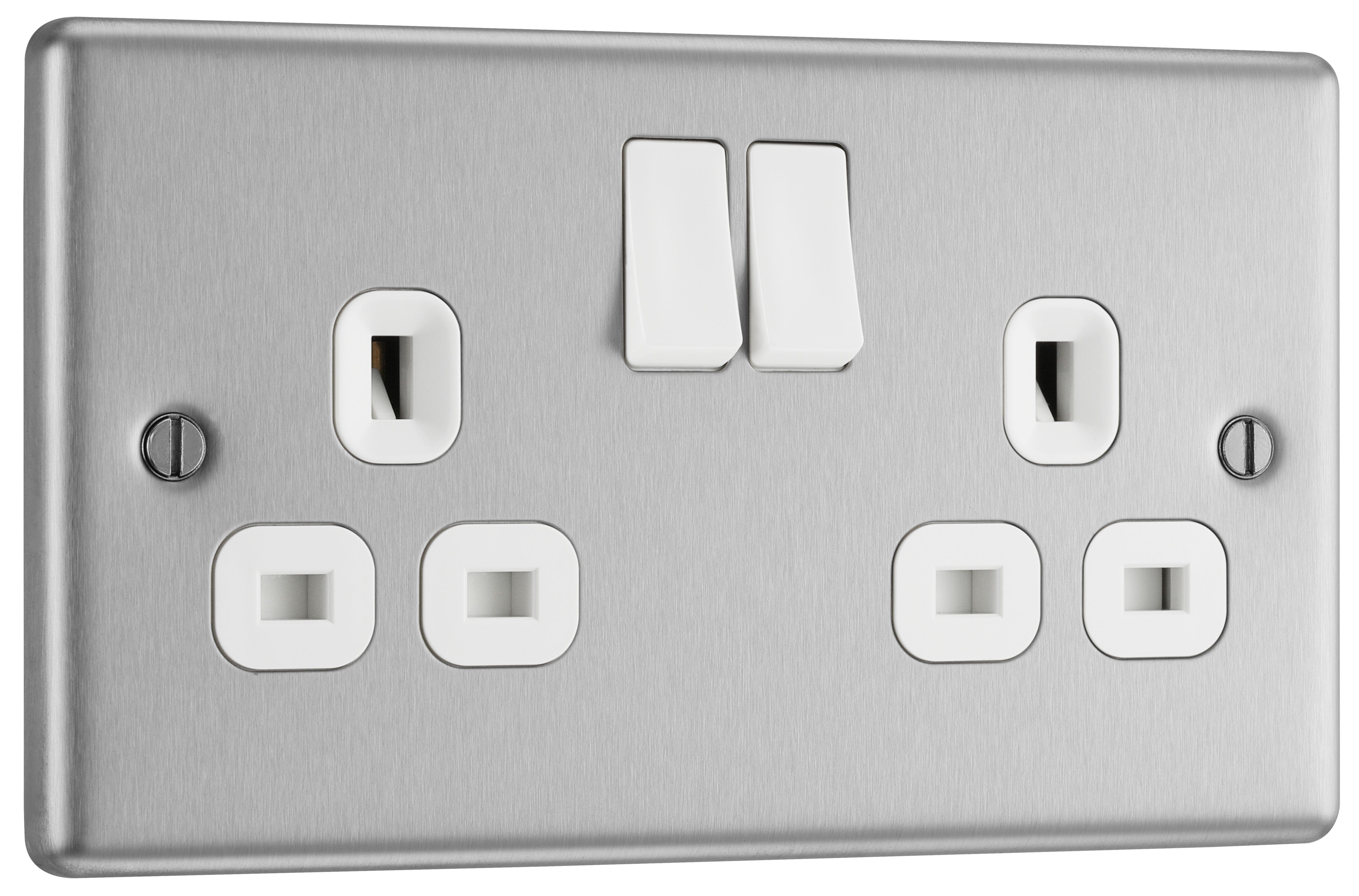 GoodHome Brushed Steel Double 13A Switched socket & White inserts, Pack of 5