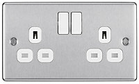 GoodHome Brushed Steel Double 13A Switched socket & White inserts, Pack of 5