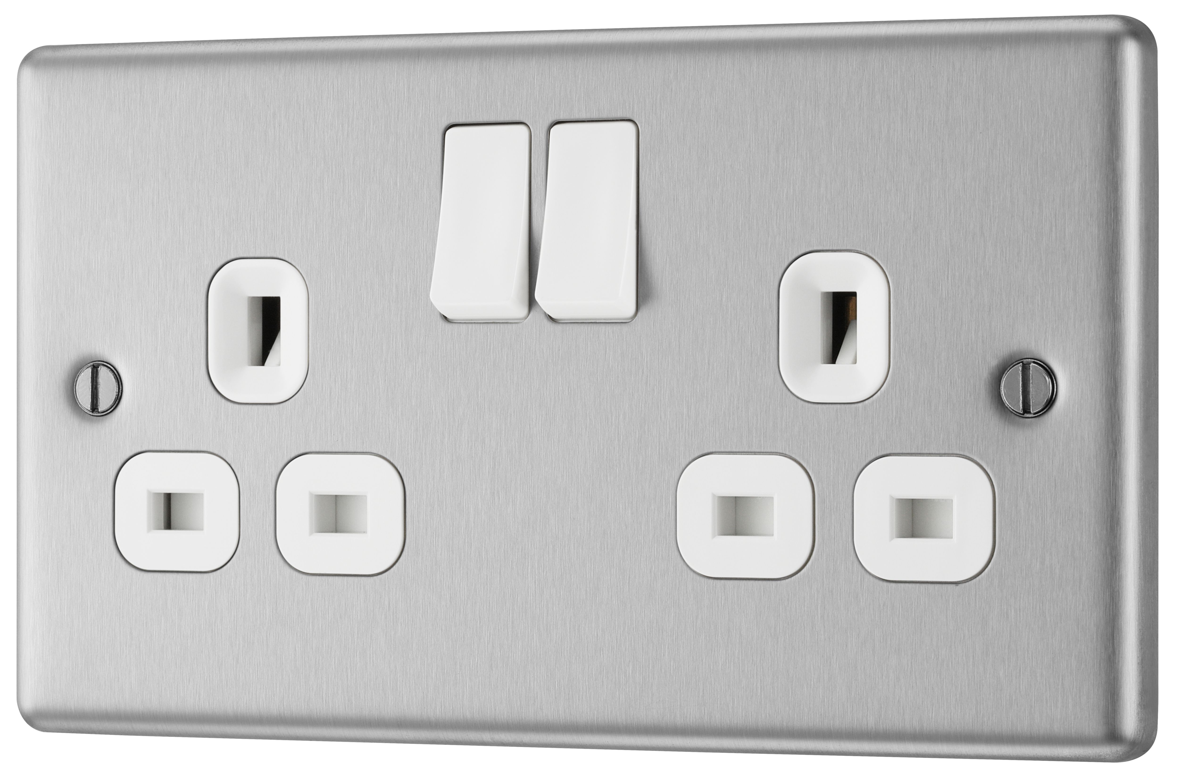 GoodHome Brushed Steel Double 13A Switched socket & White inserts, Pack of 5