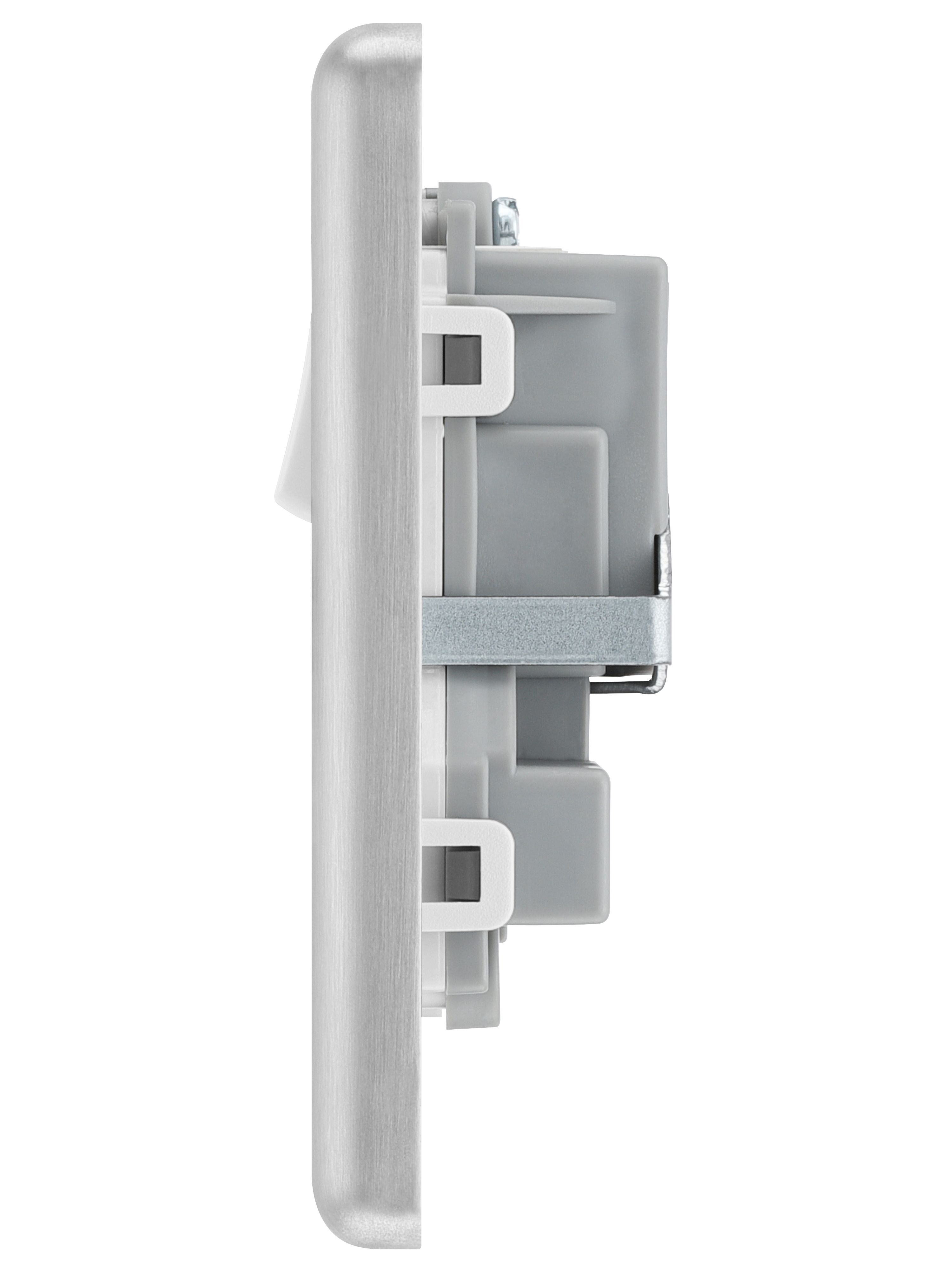 GoodHome Brushed Steel Double 13A Switched socket & White inserts, Pack of 5