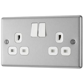 GoodHome Brushed Steel Double 13A Switched Socket & White inserts