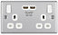 GoodHome Brushed Steel Double 13A Switched Socket with USB x2 3.1A & White inserts