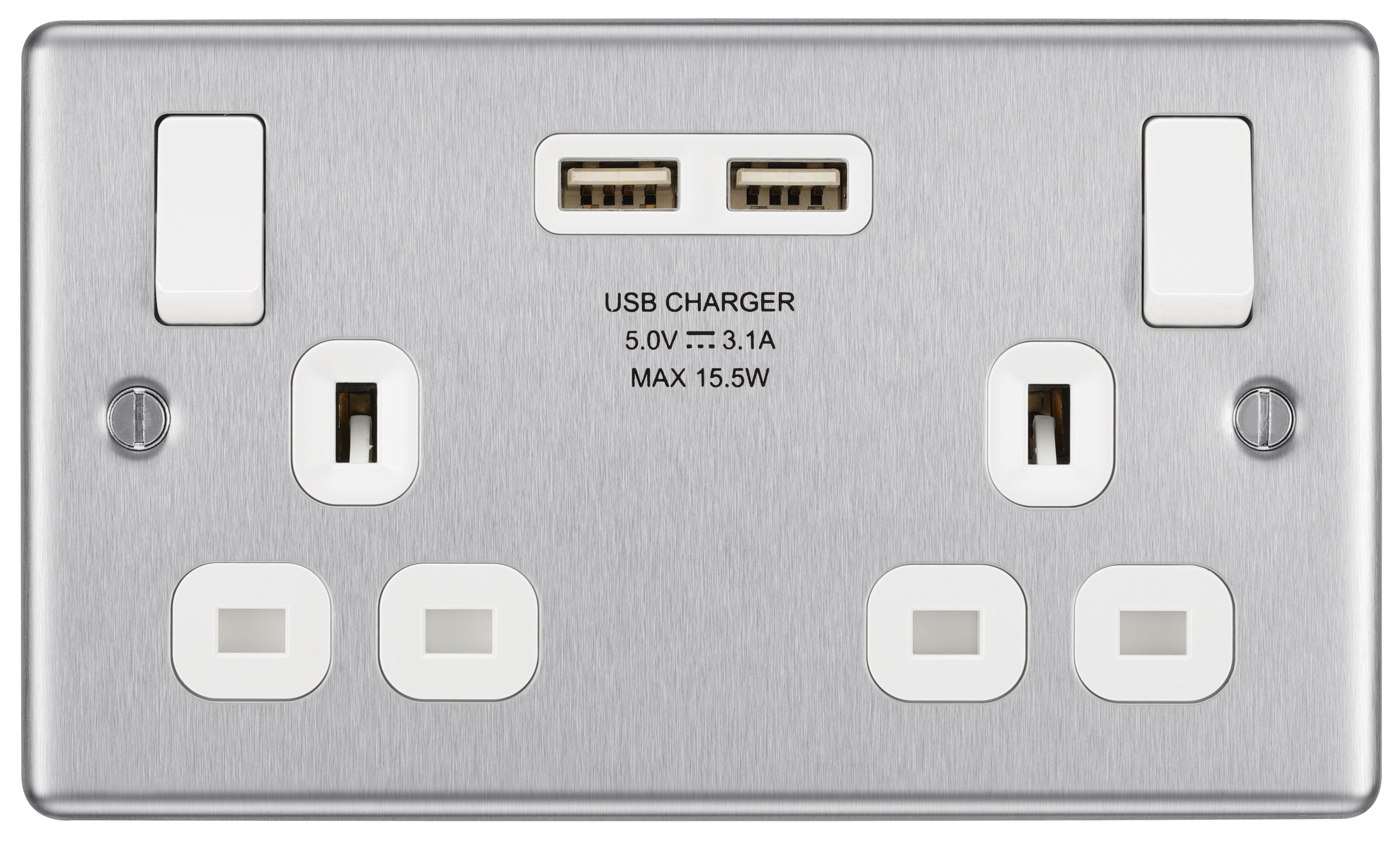 GoodHome Brushed Steel Double 13A Switched Socket with USB x2 3.1A & White inserts