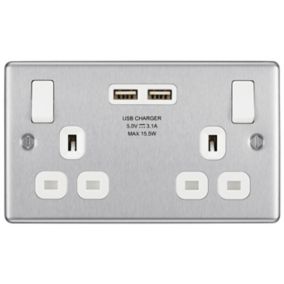 GoodHome Brushed Steel Double 13A Switched Socket with USB x2 3.1A & White inserts