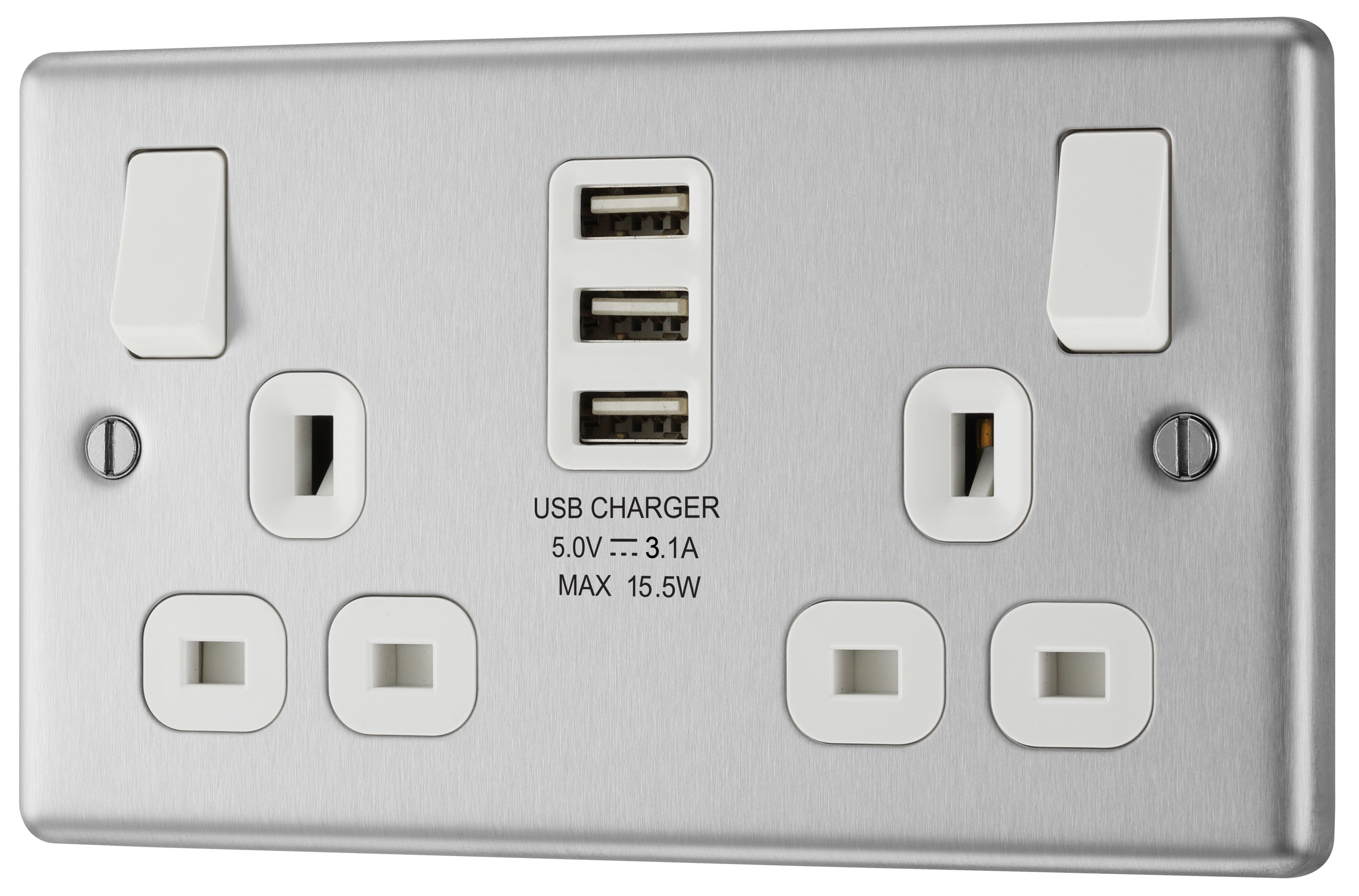 GoodHome Brushed Steel Double 13A Switched Socket with USB x3 & White inserts