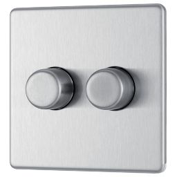 GoodHome Brushed Steel Flat profile Double 2 way 400W Screwless Dimmer switch