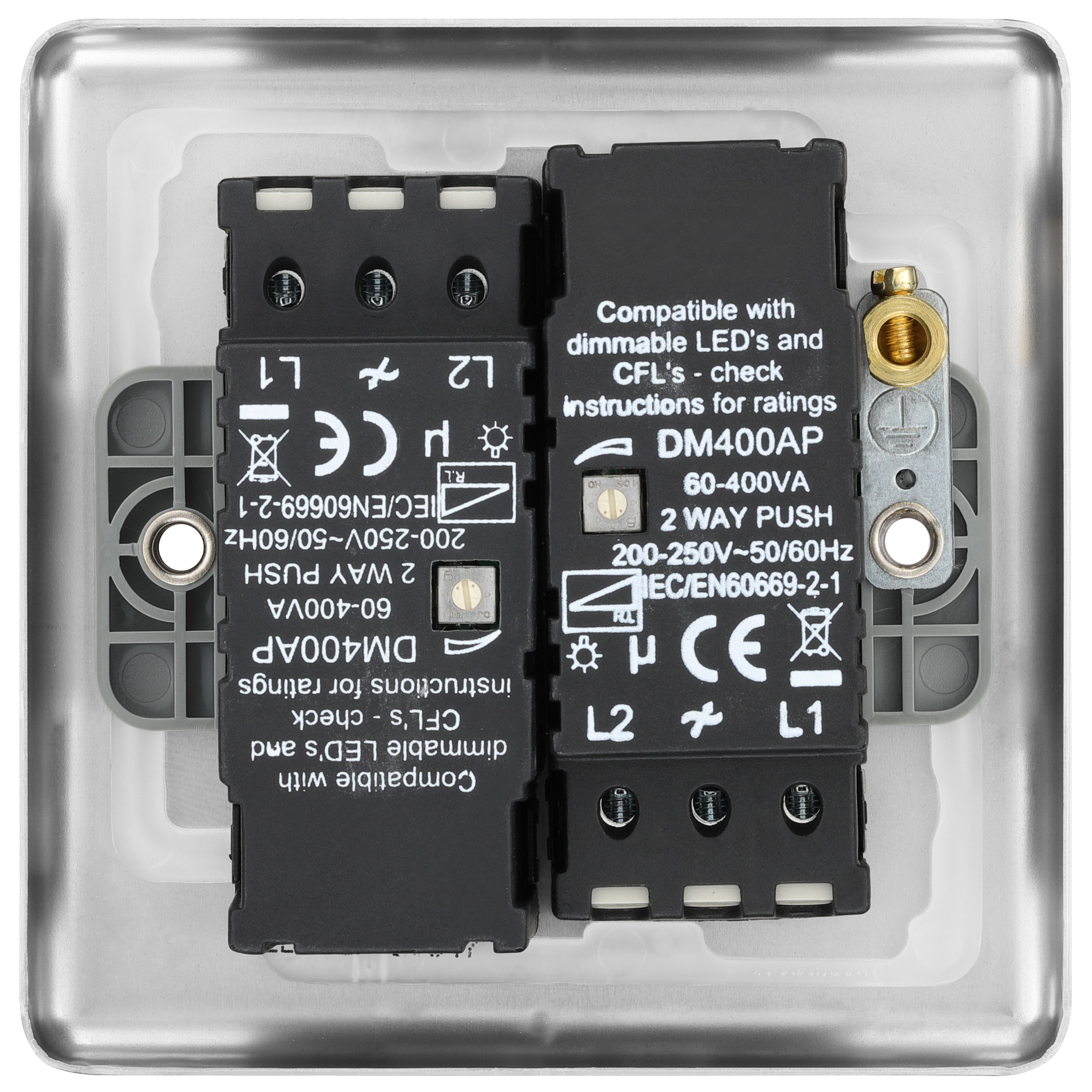 GoodHome Brushed Steel profile Double 2 way 400W Dimmer switch
