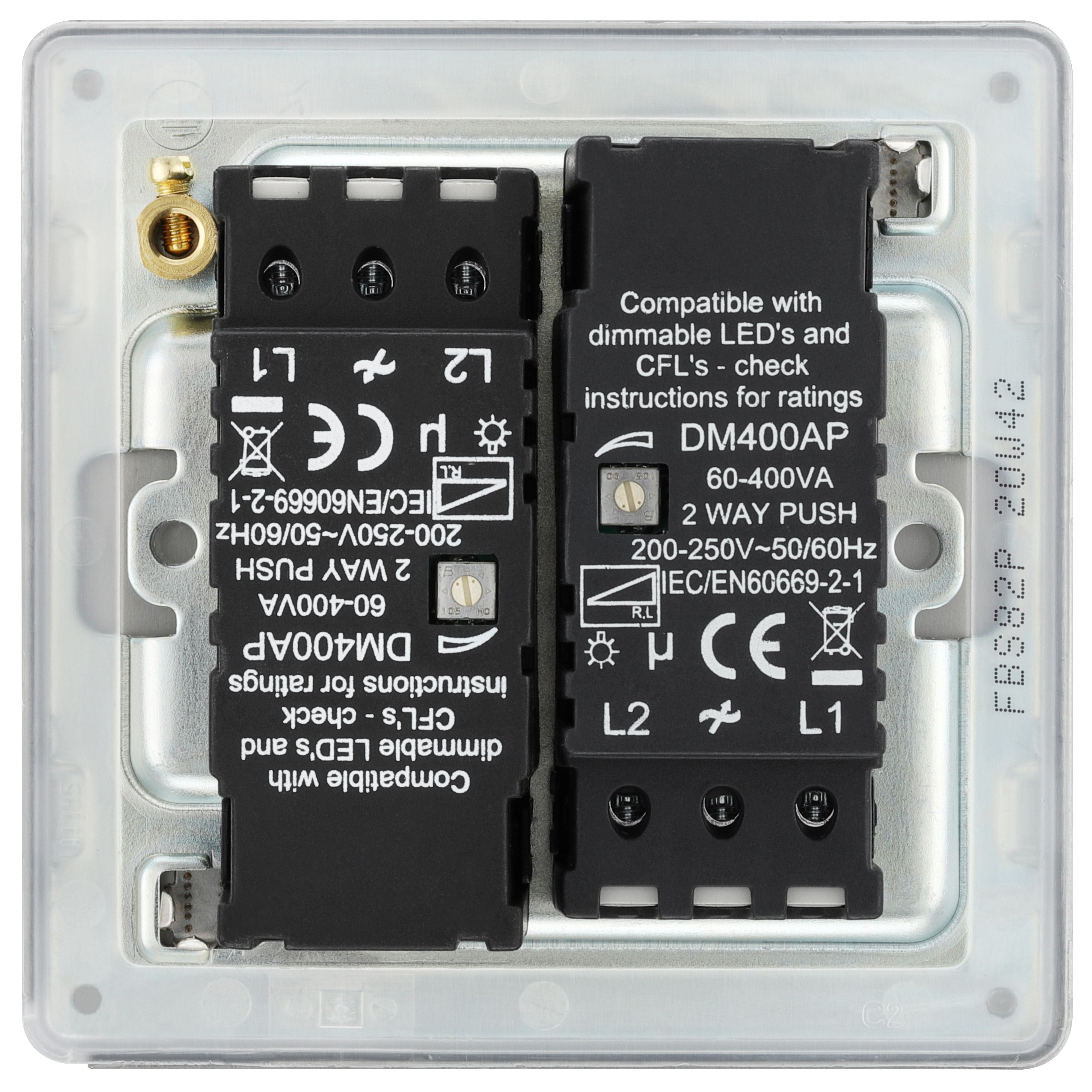 GoodHome Brushed Steel profile Double 2 way 400W Screwless Dimmer switch