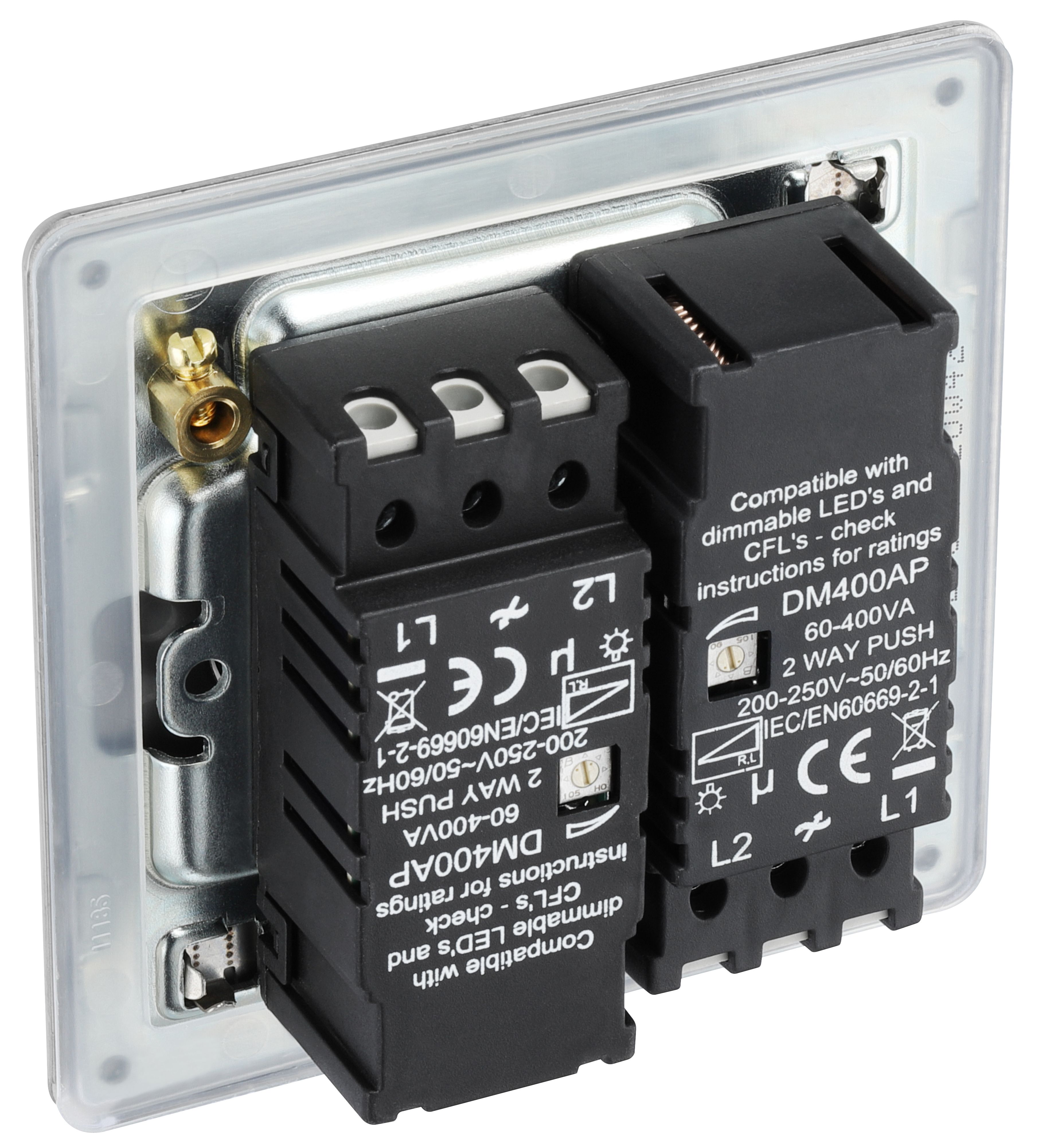 GoodHome Brushed Steel profile Double 2 way 400W Screwless Dimmer switch