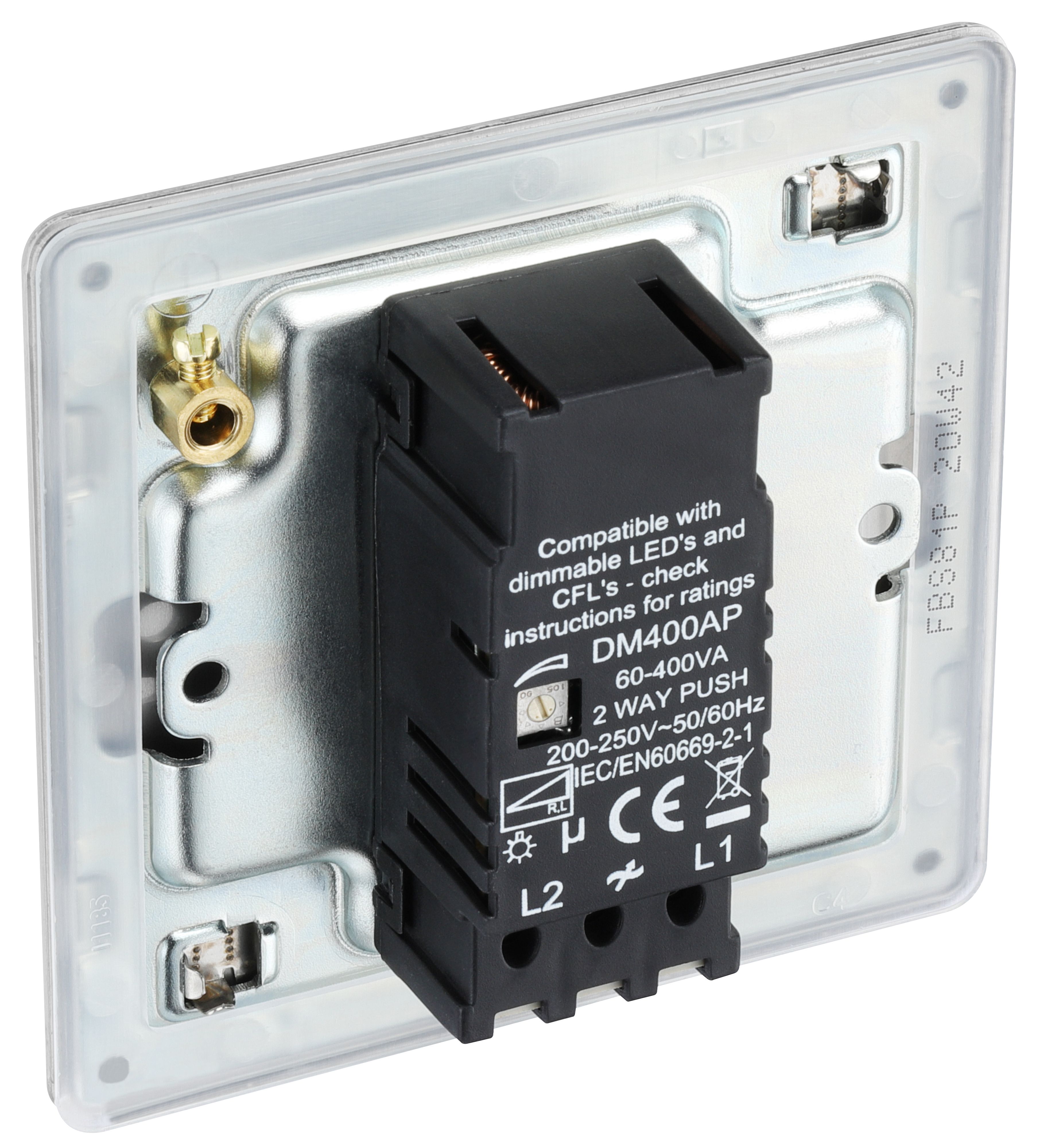 GoodHome Brushed Steel profile Single 2 way 400W Screwless Dimmer switch
