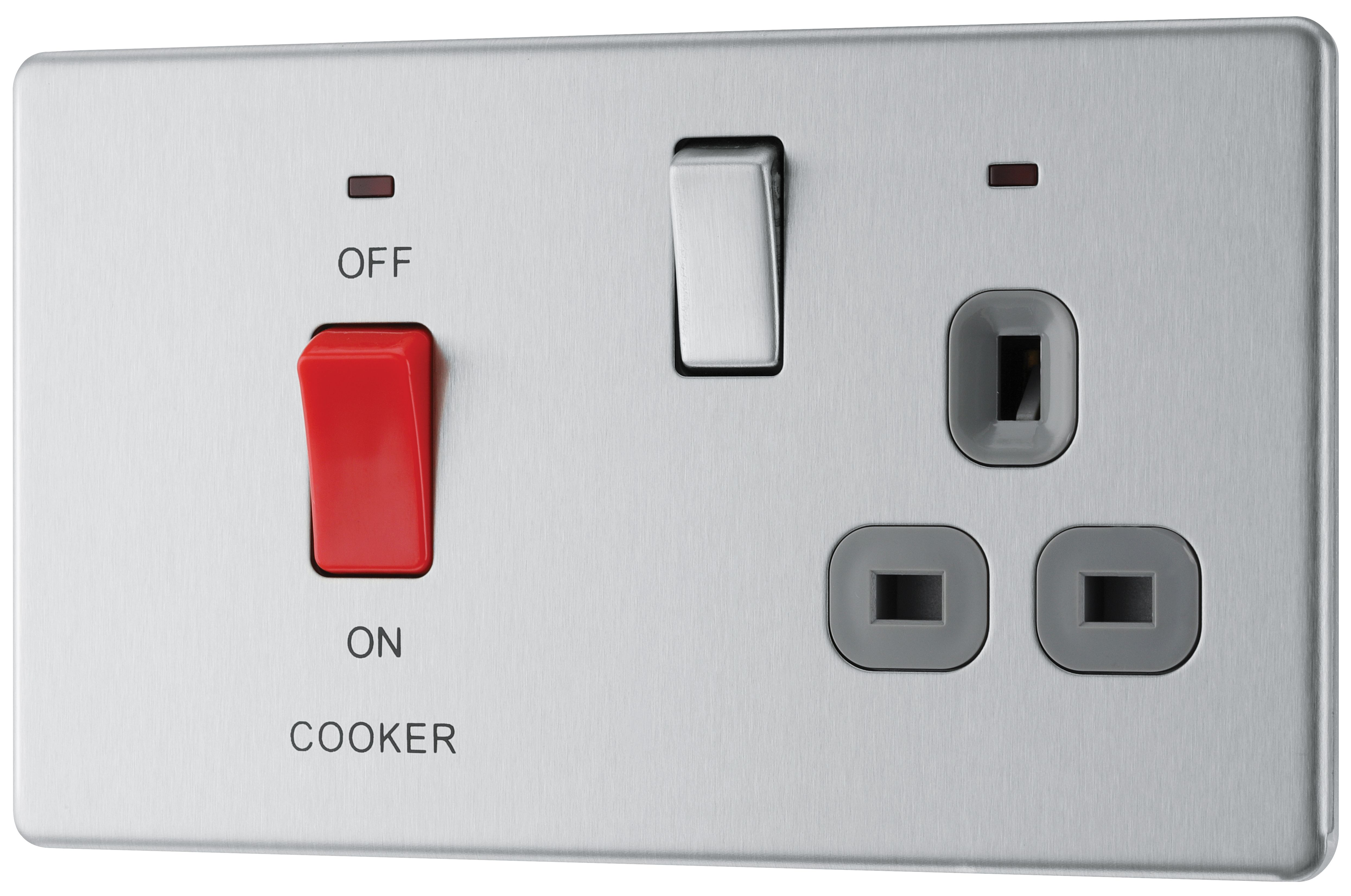 GoodHome Brushed Steel Screwless Cooker switch & socket with neon & Grey inserts