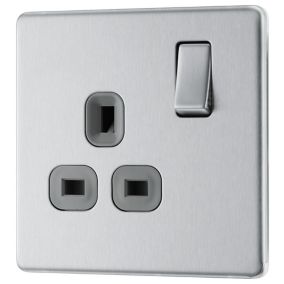 GoodHome Brushed Steel Single 13A Screwless Switched Socket with Grey inserts