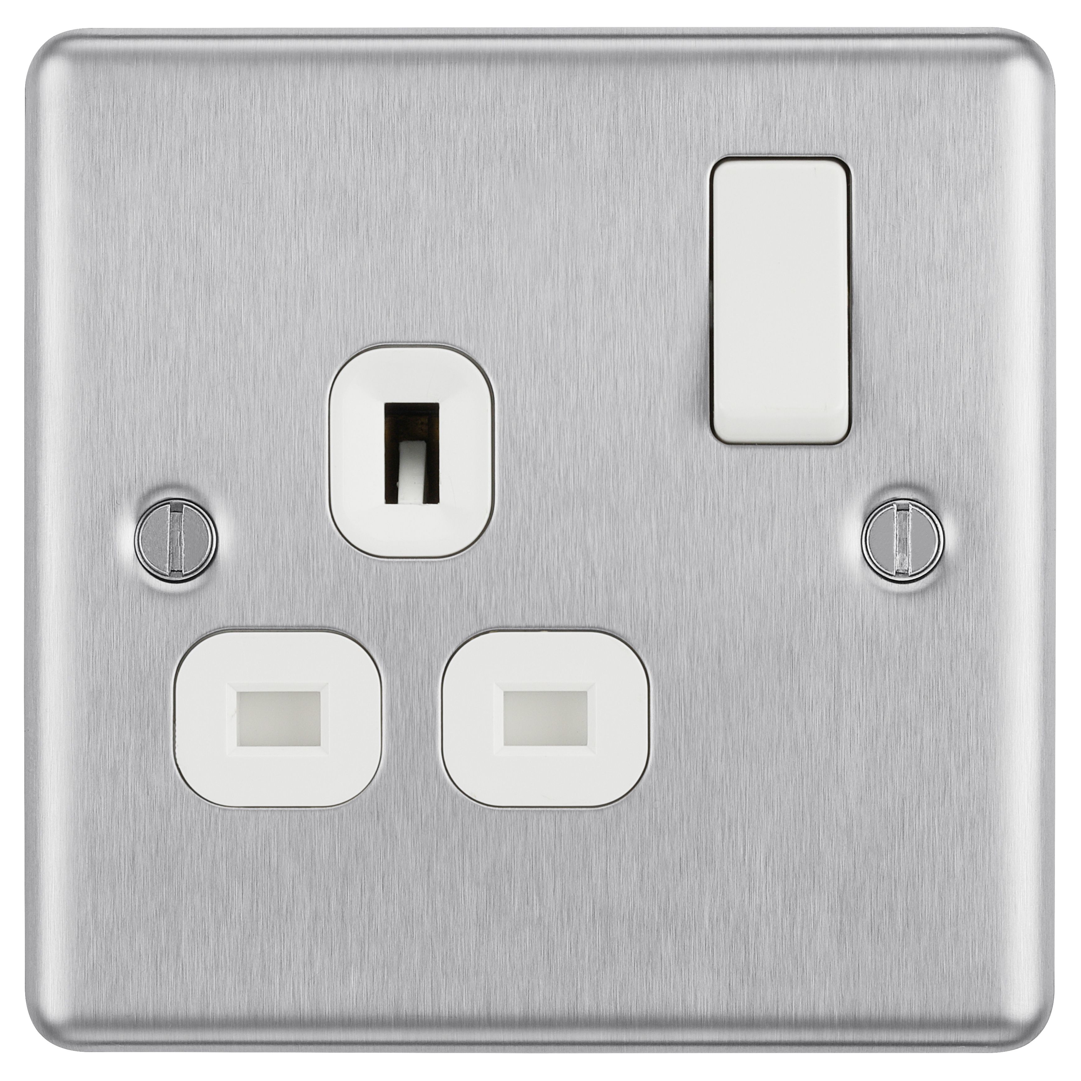 GoodHome Brushed Steel Single 13A Switched Socket & White inserts