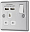 GoodHome Brushed Steel Single 13A Switched Socket with USB x2 & White inserts