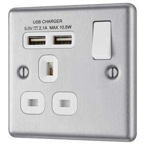 GoodHome Brushed Steel Single 13A Switched Socket with USB x2 & White inserts