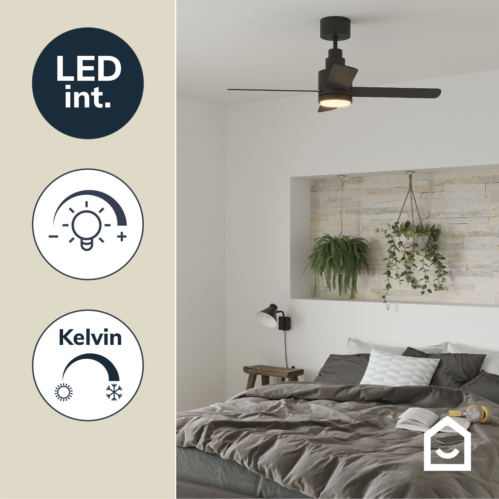 GoodHome Burbank Modern Black LED Ceiling fan light