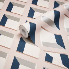 GoodHome Calde Blush & navy 3D geometric 3D effect Textured Wallpaper Sample