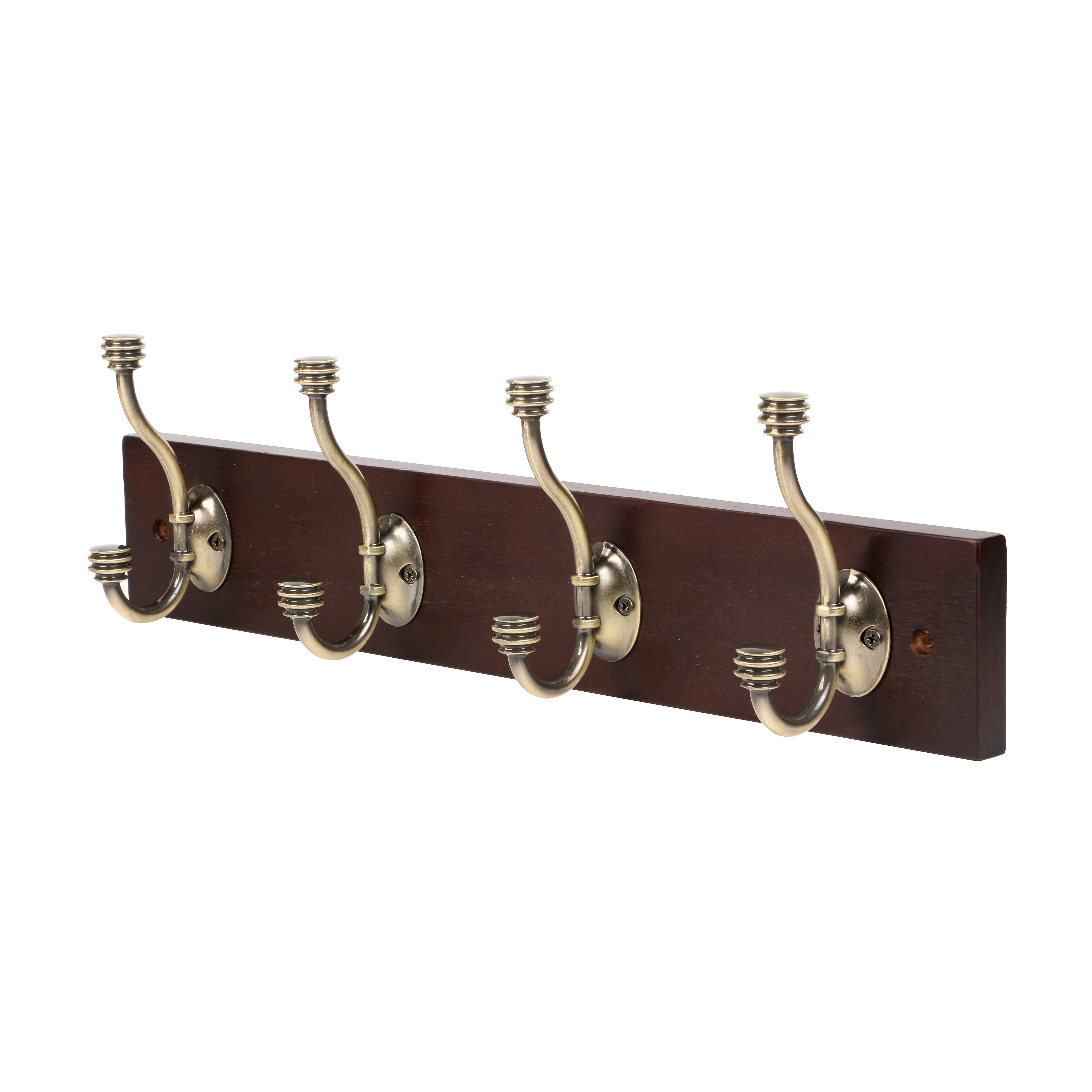 GoodHome Cap end Matt Walnut Antique brass effect Pine 4 Hook rail (L)458mm (H)134mm