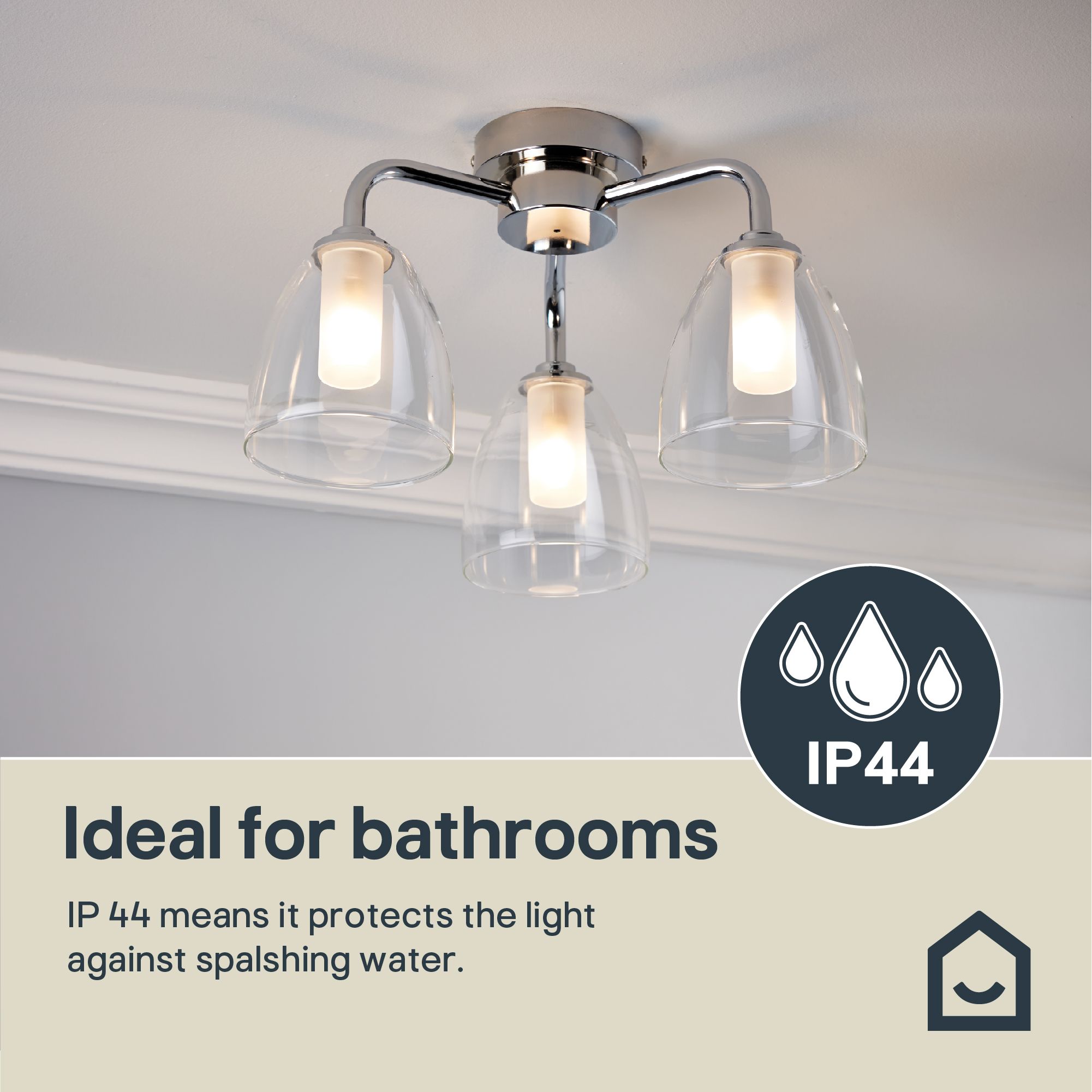 GoodHome Carisi Glass & metal Chrome effect 3 Lamp Bathroom Ceiling light